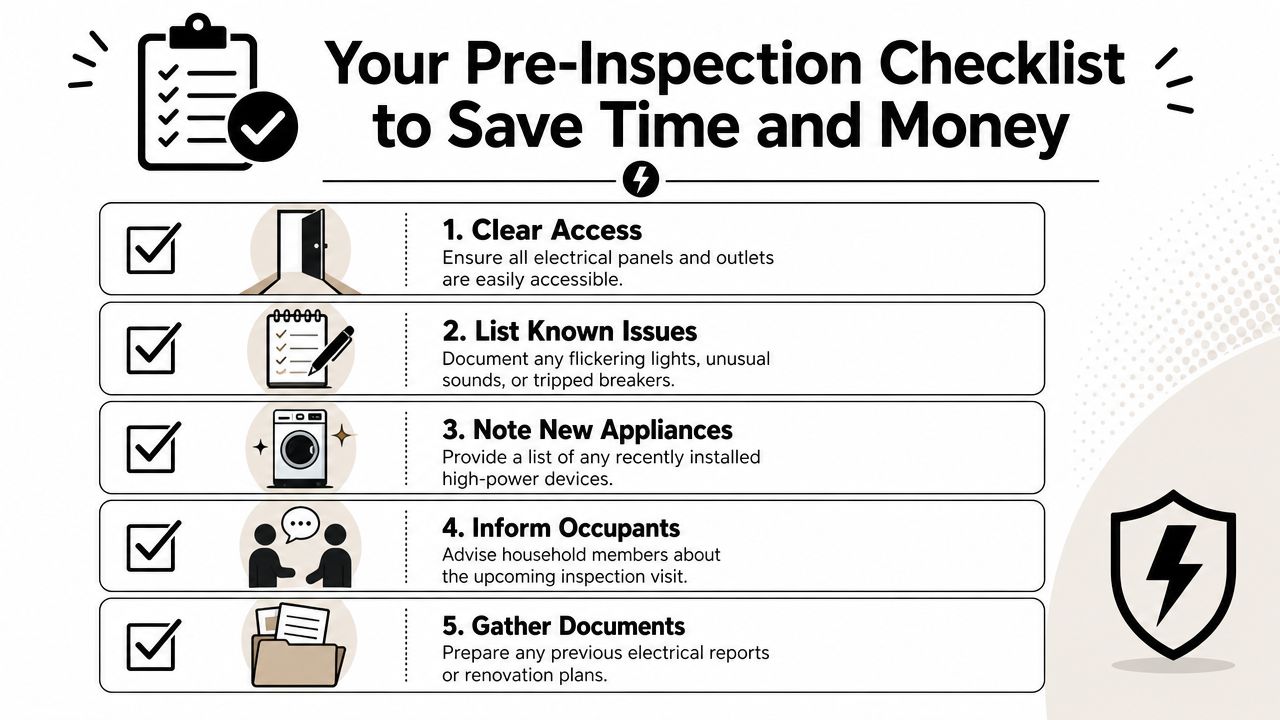 A Checklist Infographic Titled Your Pre-Inspection Checklist To Save Time And Money, Outlining Five Essential Electrical Preparation Steps.