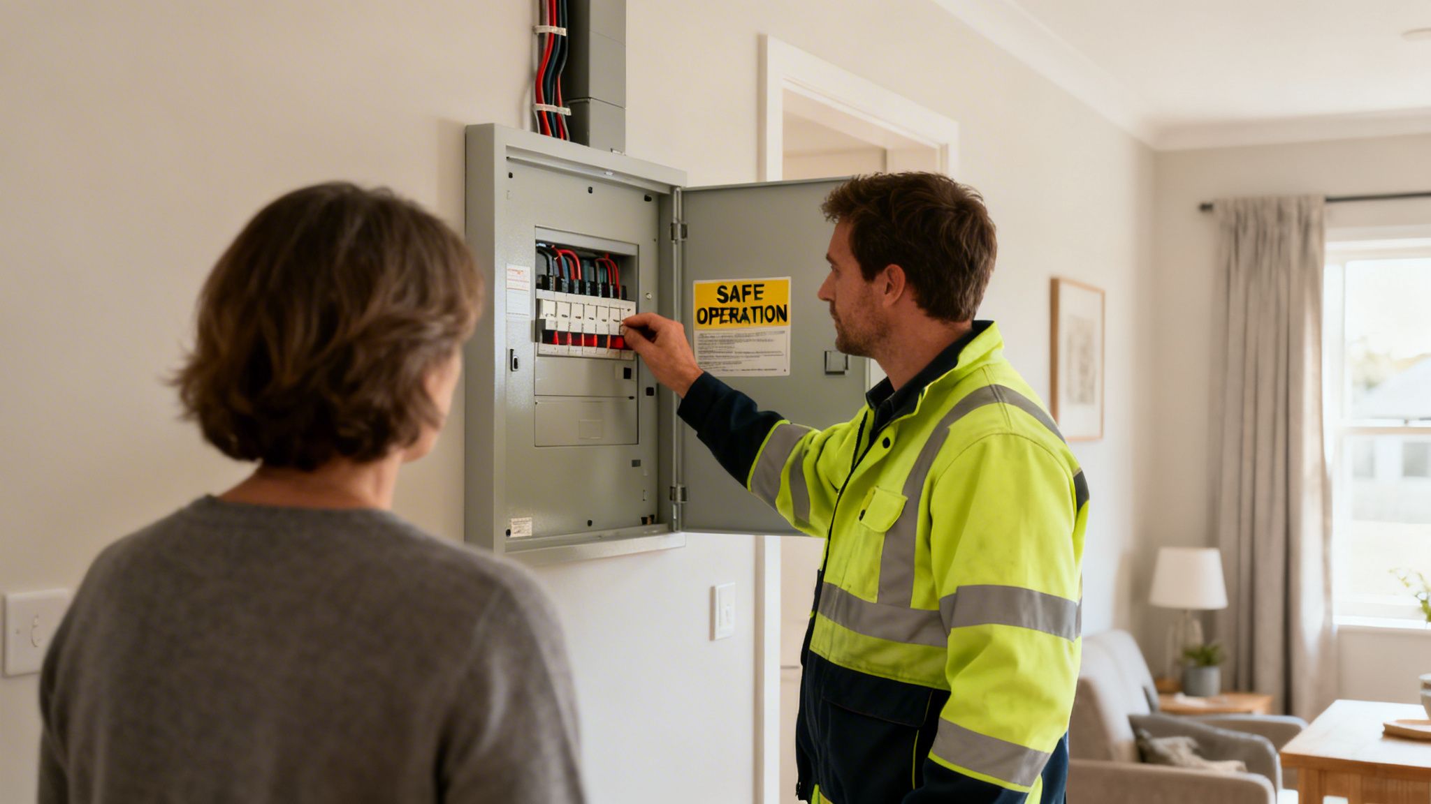 An Electrician In A High-Visibility Jacket Inspects An Electrical Panel While A Woman Watches In A Home.
