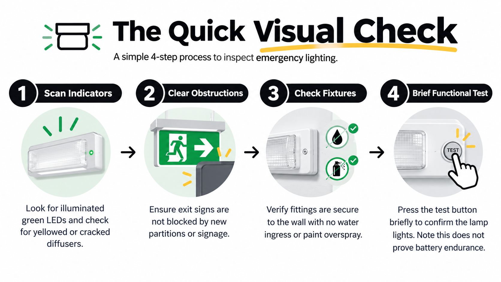 Checking Emergency Lighting: A Practical Guide For 2026 2 An Infographic Showing A Four-Step Guide On How To Perform A Quick Visual Inspection Of Emergency Lighting Systems.