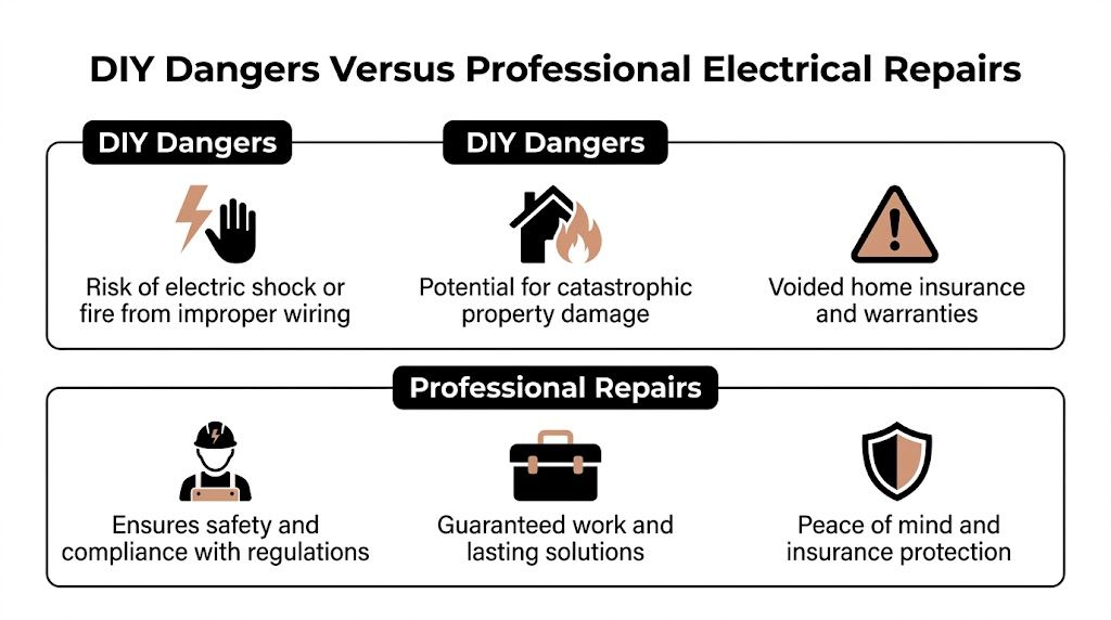 Electrical Repairs Near Me: A Brisbane Homeowner'S Guide 2 A Comparison Infographic Showing Risks Of Diy Electrical Repairs Versus The Benefits Of Hiring Professional Electricians.