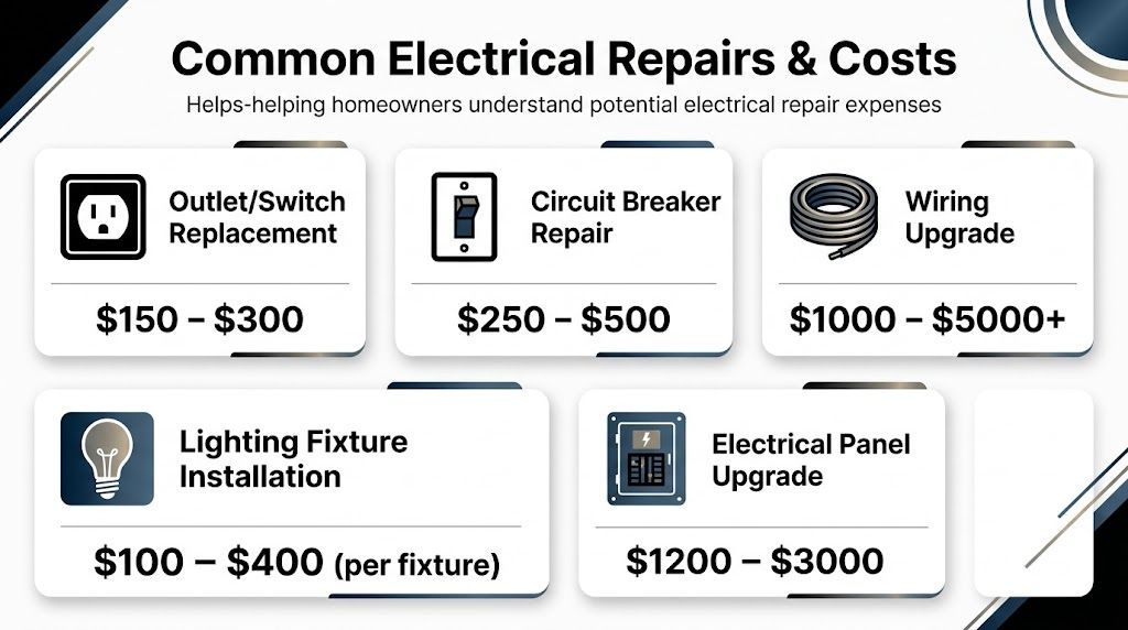 A Visual Guide Listing Common Home Electrical Repairs, Including Their Estimated Cost Ranges In Us Dollars.