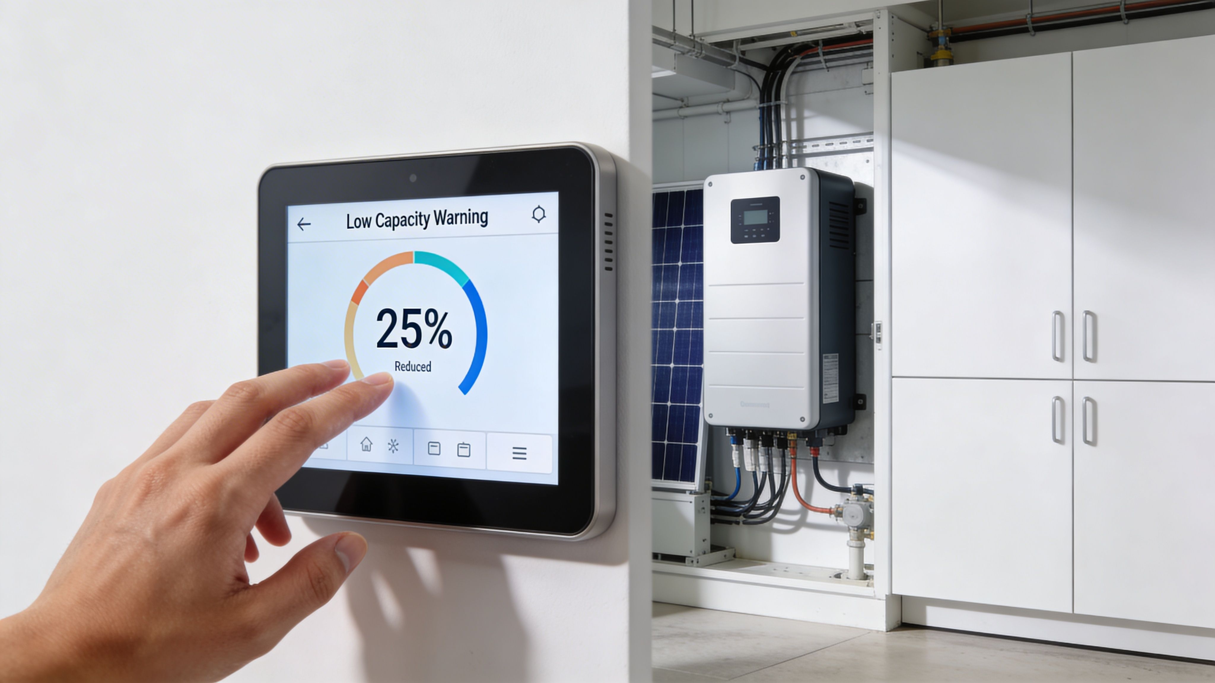 How Long Do Solar Batteries Last? 2026 Guide 4 A Hand Touching A Home Automation Screen Showing A Low Battery Capacity Warning For A Solar System.