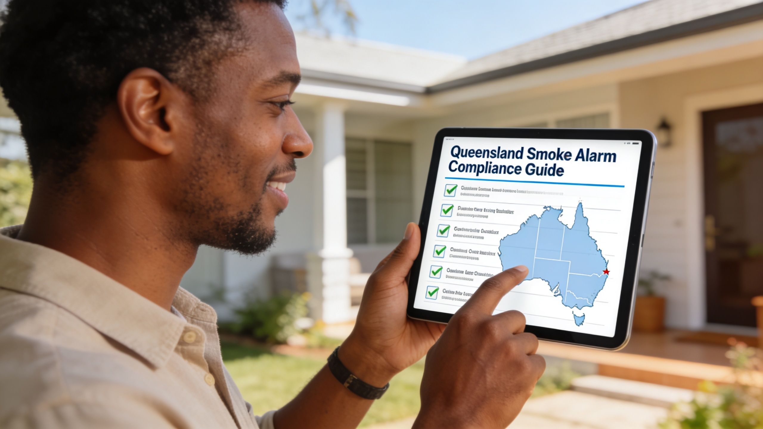 A Man Smiling While Using A Digital Tablet To Check The Queensland Smoke Alarm Compliance Guide Outdoors.