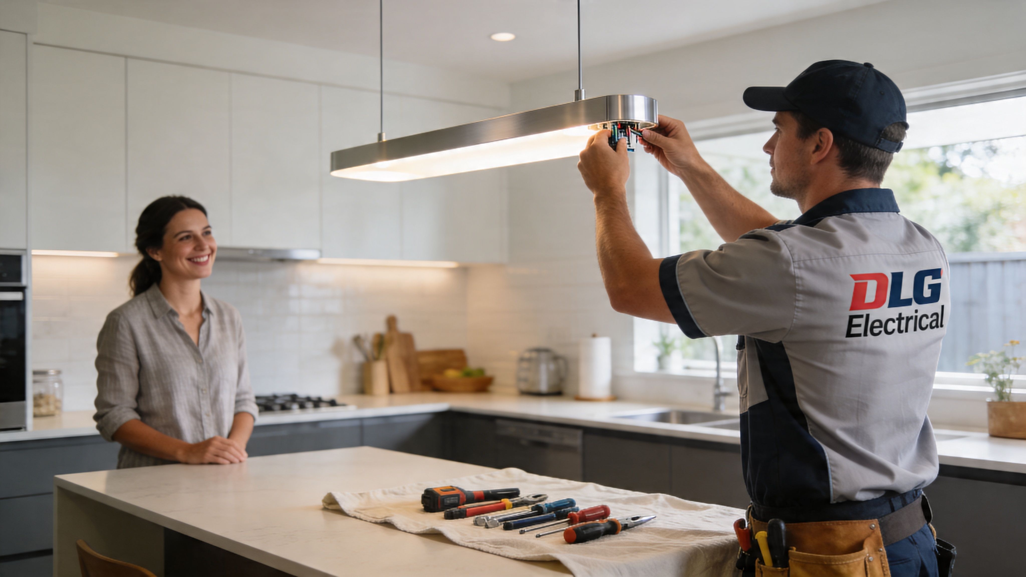 A Professional Electrician From Dlg Electrical Installs A Modern Pendant Light In A Residential Kitchen.