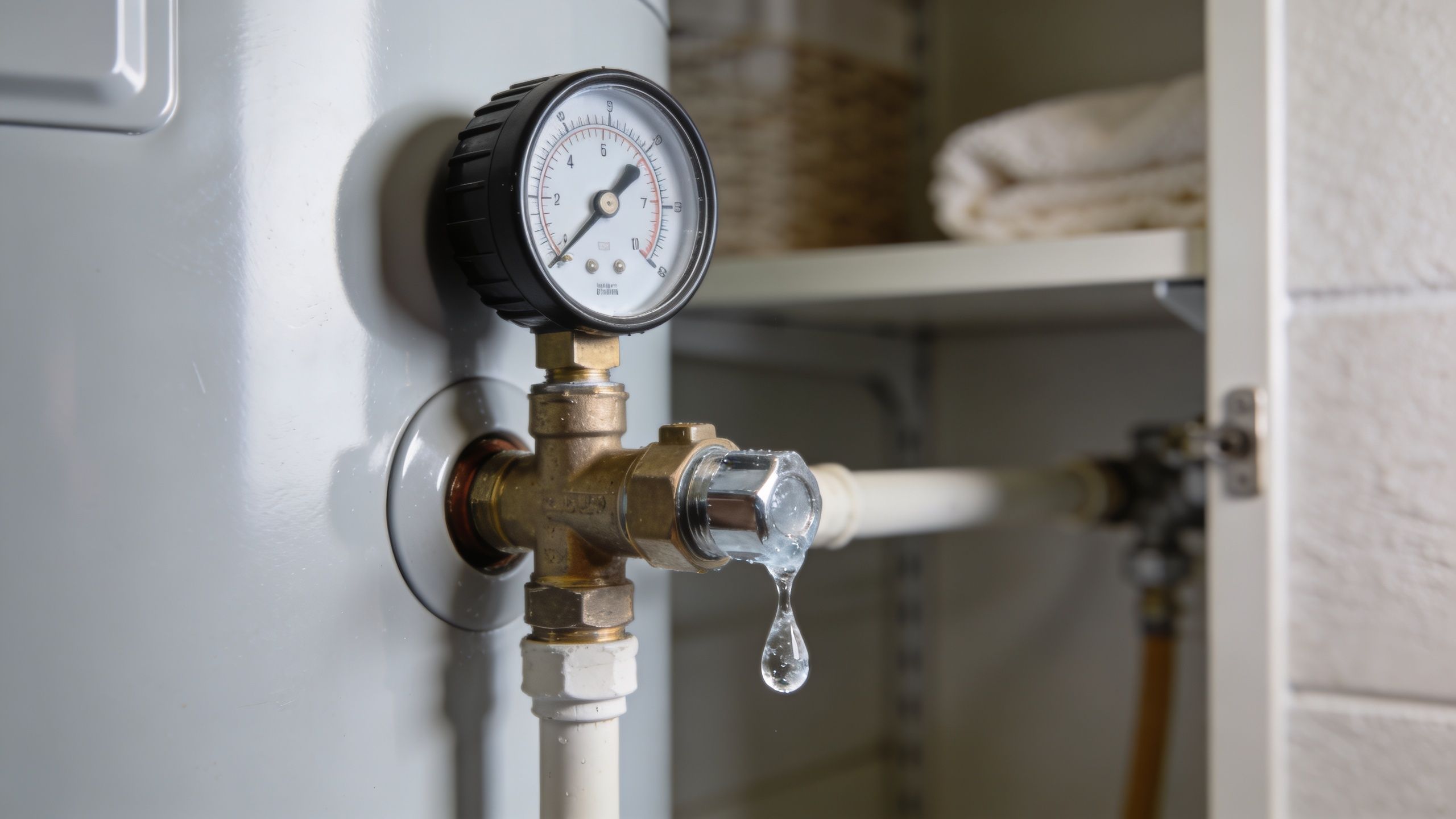 A Close-Up View Of A Dripping Pressure Release Valve On A Grey Domestic Hot Water Cylinder Tank.
