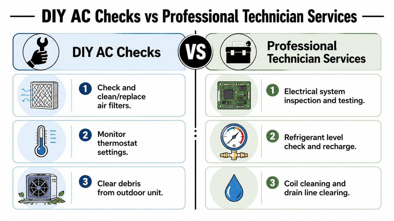 A Comparison Chart Showing Maintenance Tasks For Diy Ac Checks Versus Professional Technician Air Conditioning Services.