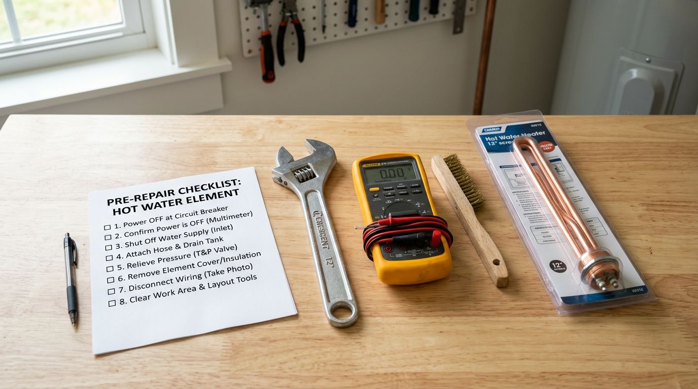 A Checklist, Tools, And A New Heating Element Laid Out On A Table For Water Heater Repair.