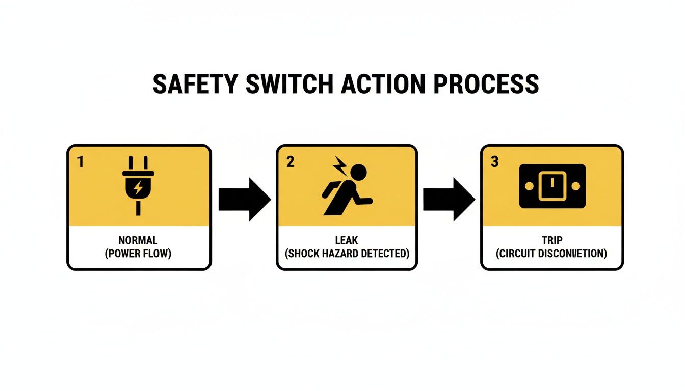 Infographic Shows The Three-Step Safety Switch Action Process: Normal Power Flow, Leak Detection, And Circuit Trip.