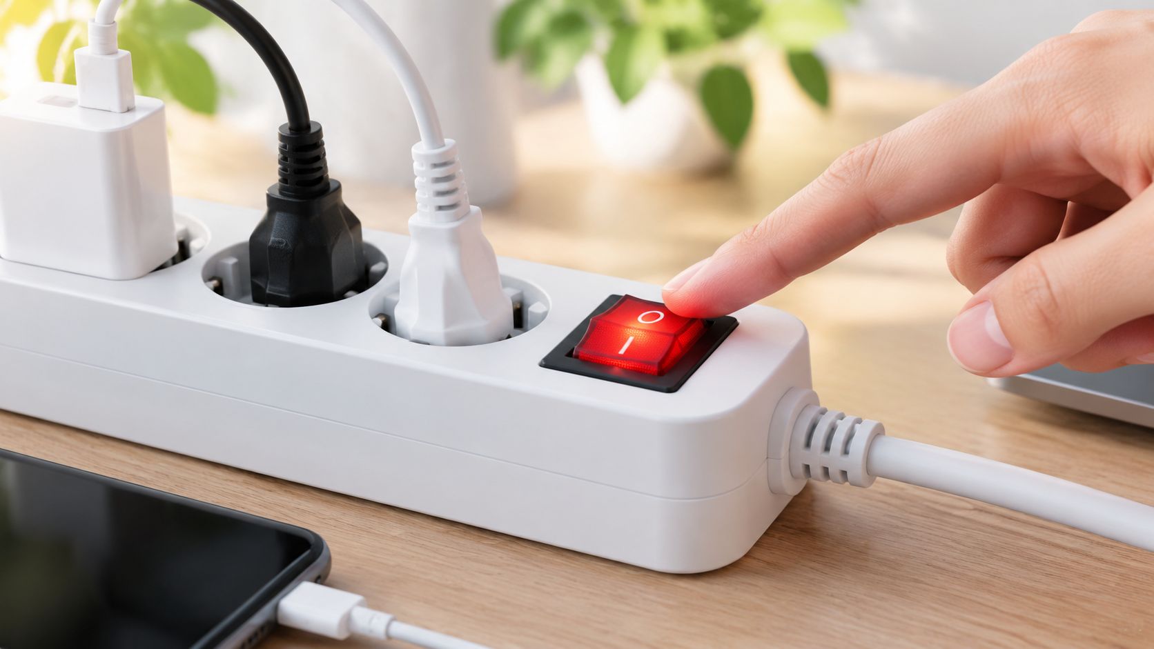 A Close-Up View Of A Person'S Finger Pressing The Red Power Switch On A White Electrical Extension Cord.