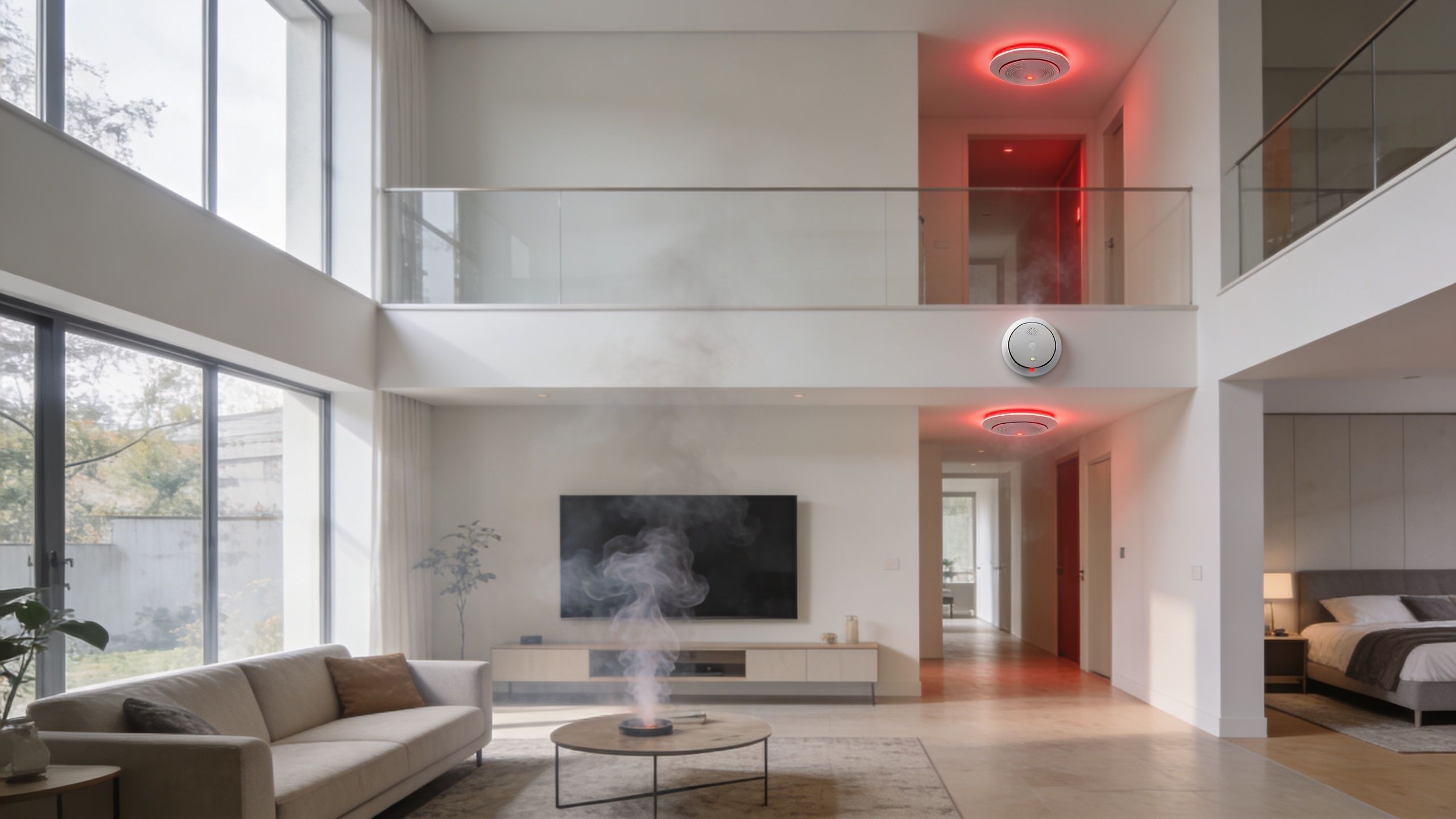 A Bright Living Room With Smoke Rising From A Coffee Table, Triggering Several Glowing Red Smoke Alarms.