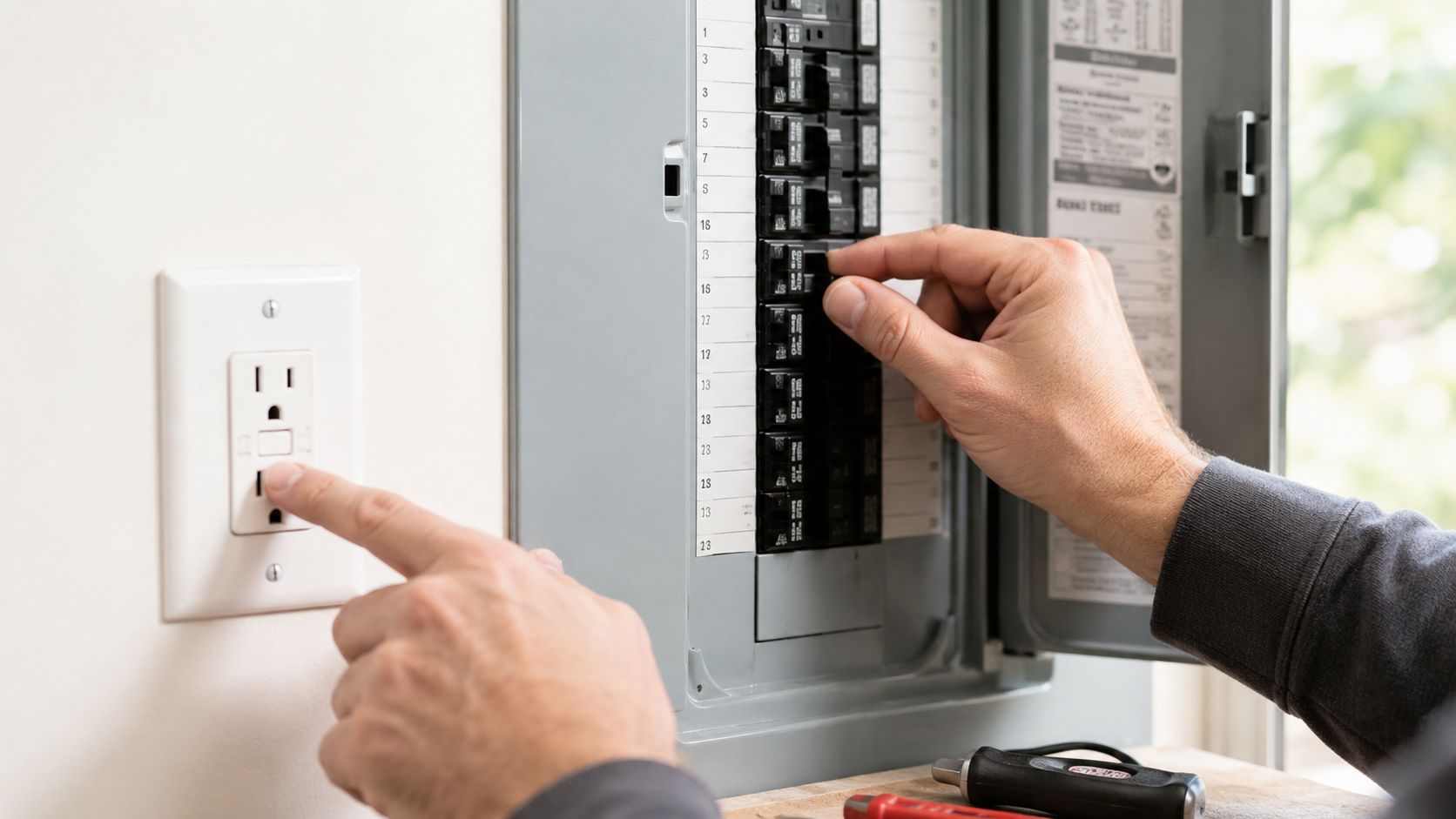 A Technician Testing A Wall Electrical Outlet While Inspecting The Home Circuit Breaker Panel For Electrical Issues.