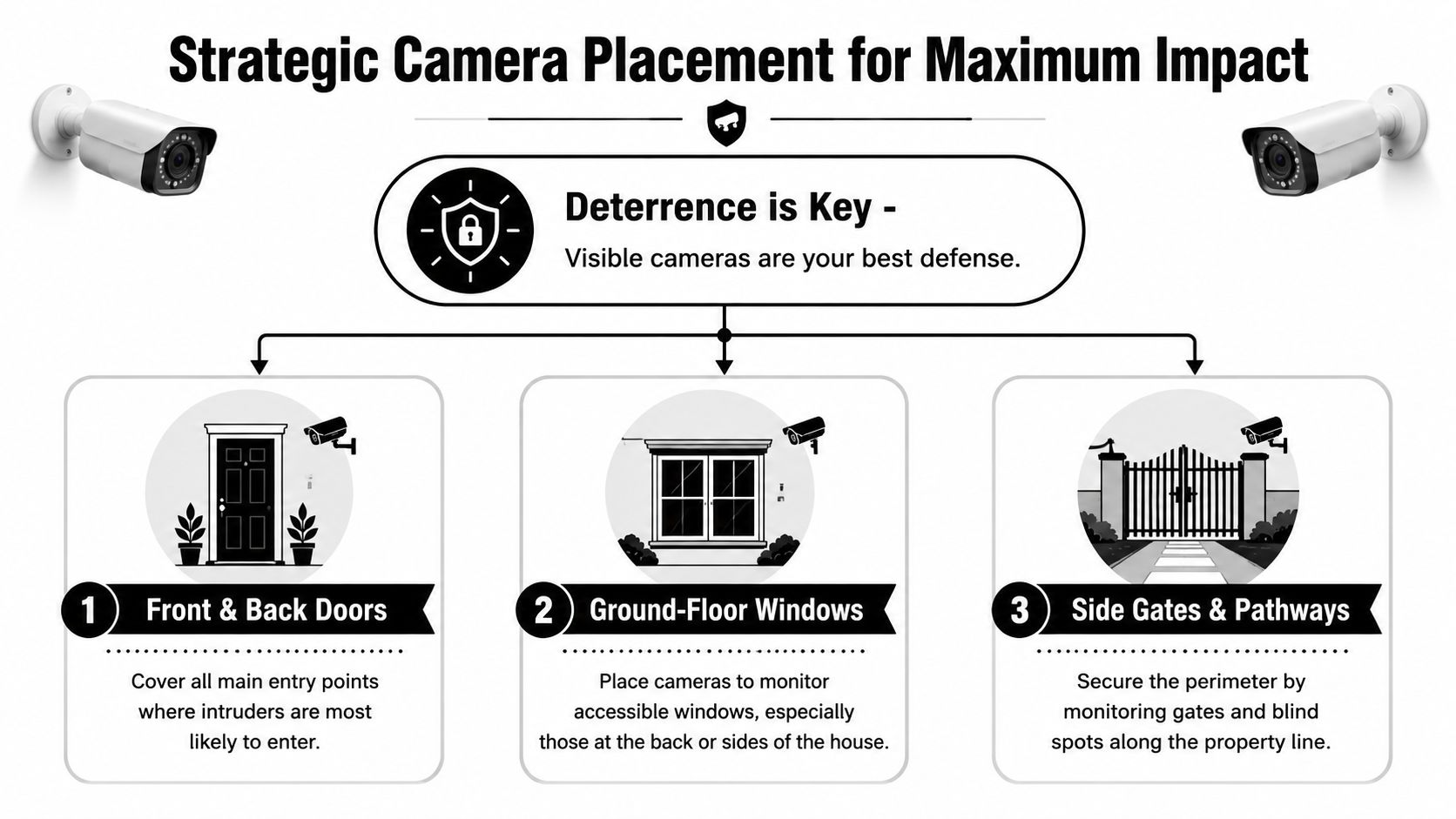 Security Camera Installation For Home: 2026 Setup Guide 3 An Infographic Detailing Strategic Home Security Camera Placement For Front Doors, Ground-Floor Windows, And Side Gates.