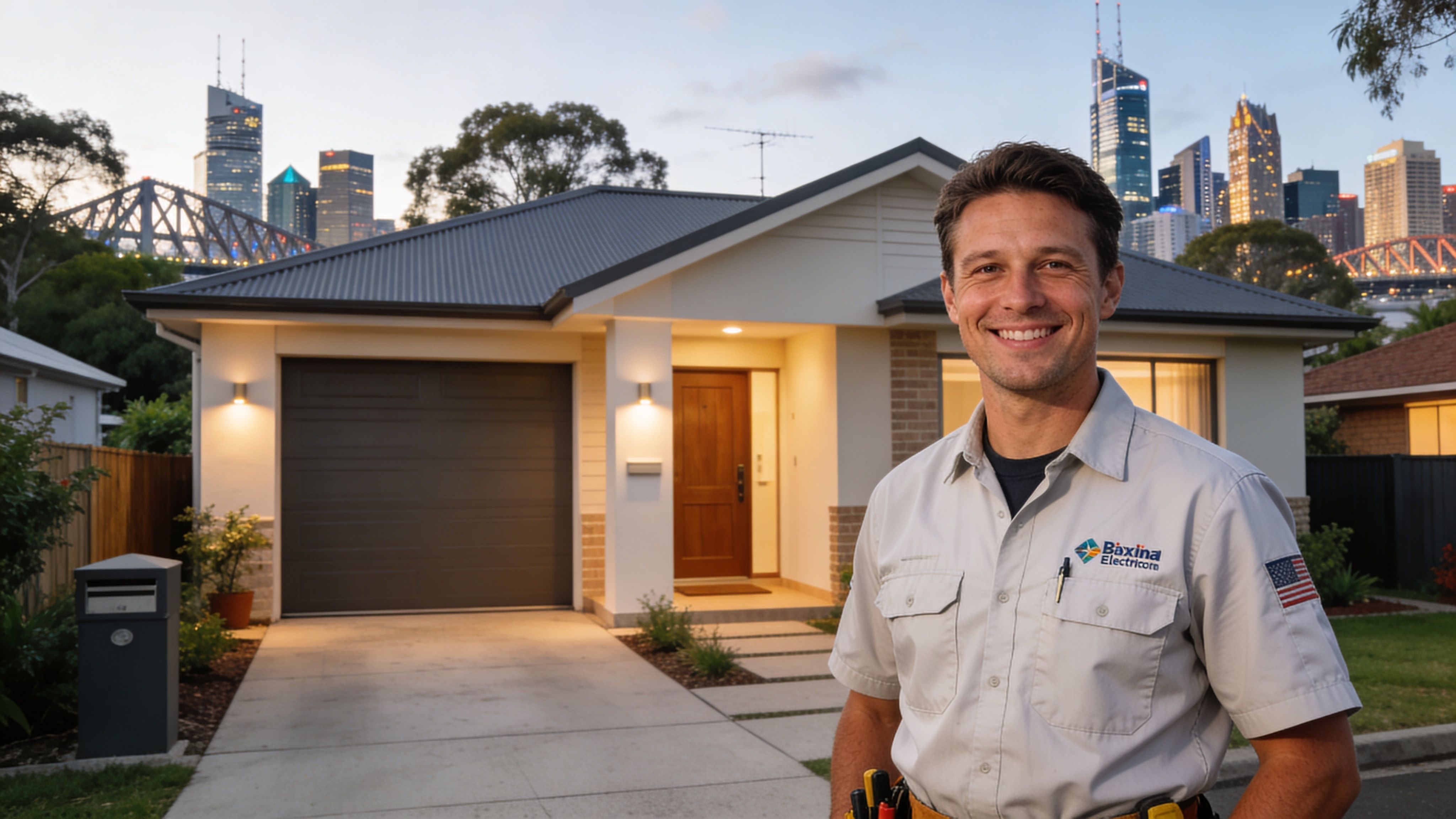 A Friendly Professional Electrician Wearing A Uniform Standing In Front Of A Modern Suburban House At Sunset.