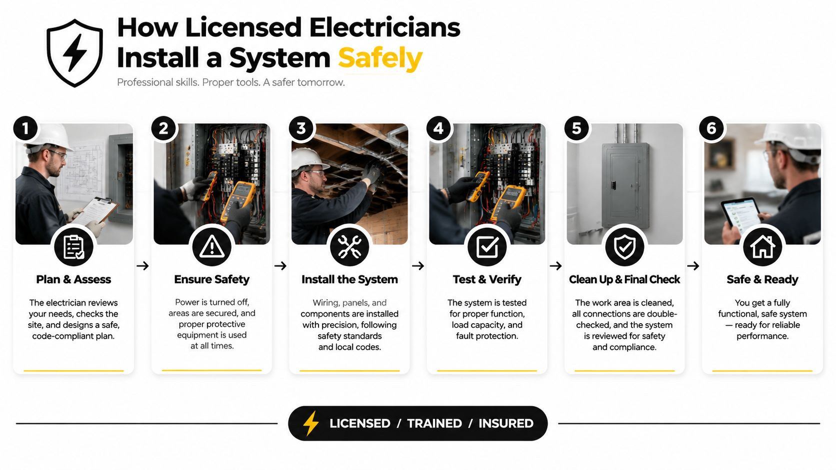 A Six-Step Infographic Showing The Professional Process Licensed Electricians Follow To Safely Install An Electrical System.