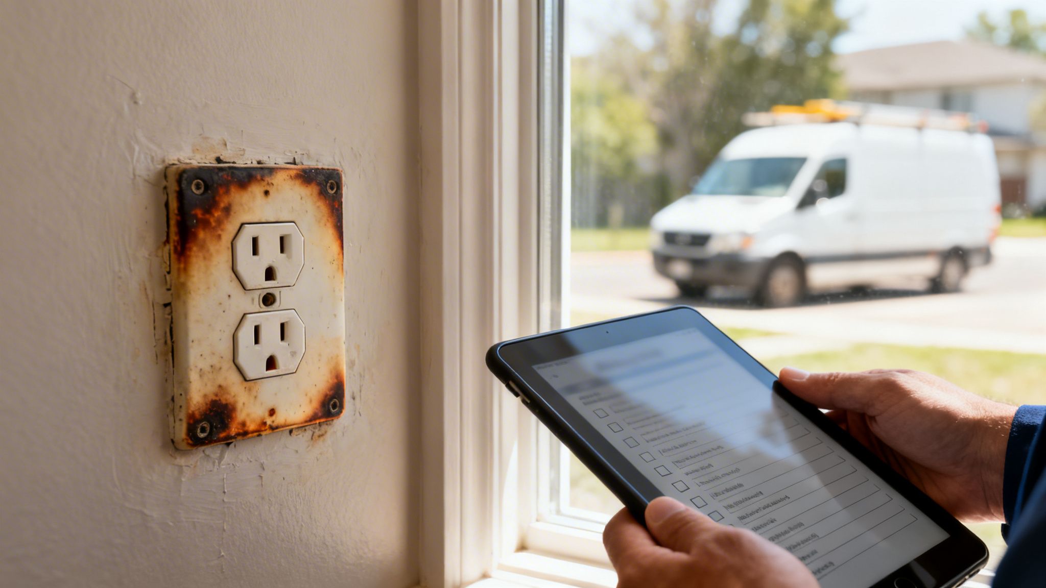 Person Documenting A Severely Rusted Electrical Outlet With A Tablet, A Utility Van Outside.