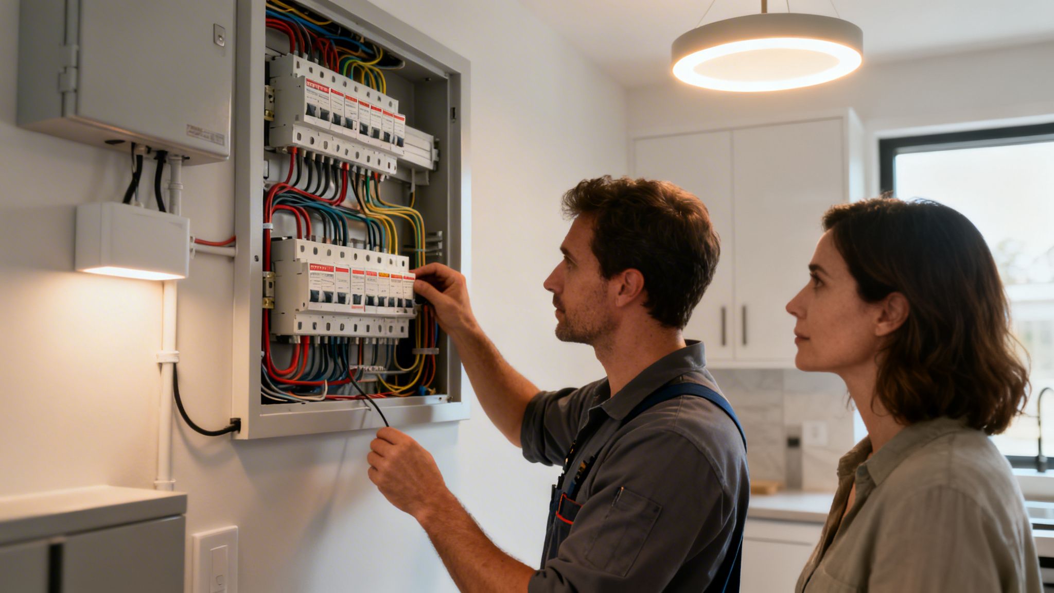 An Electrician Works On A Circuit Breaker Box While A Woman Observes In A Modern Home.