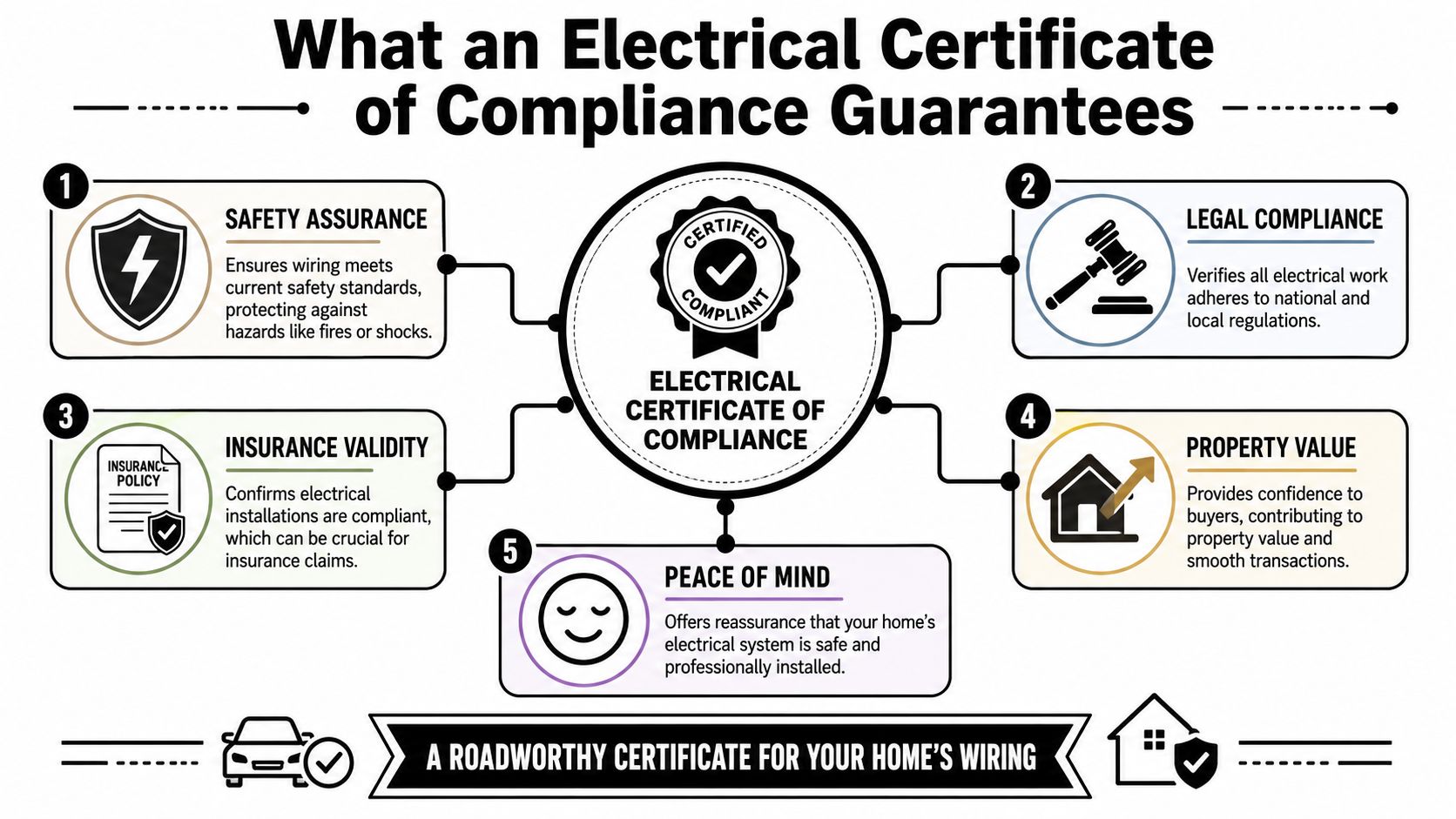 An Infographic Explaining The Five Key Benefits Of Obtaining An Electrical Certificate Of Compliance For A Home.