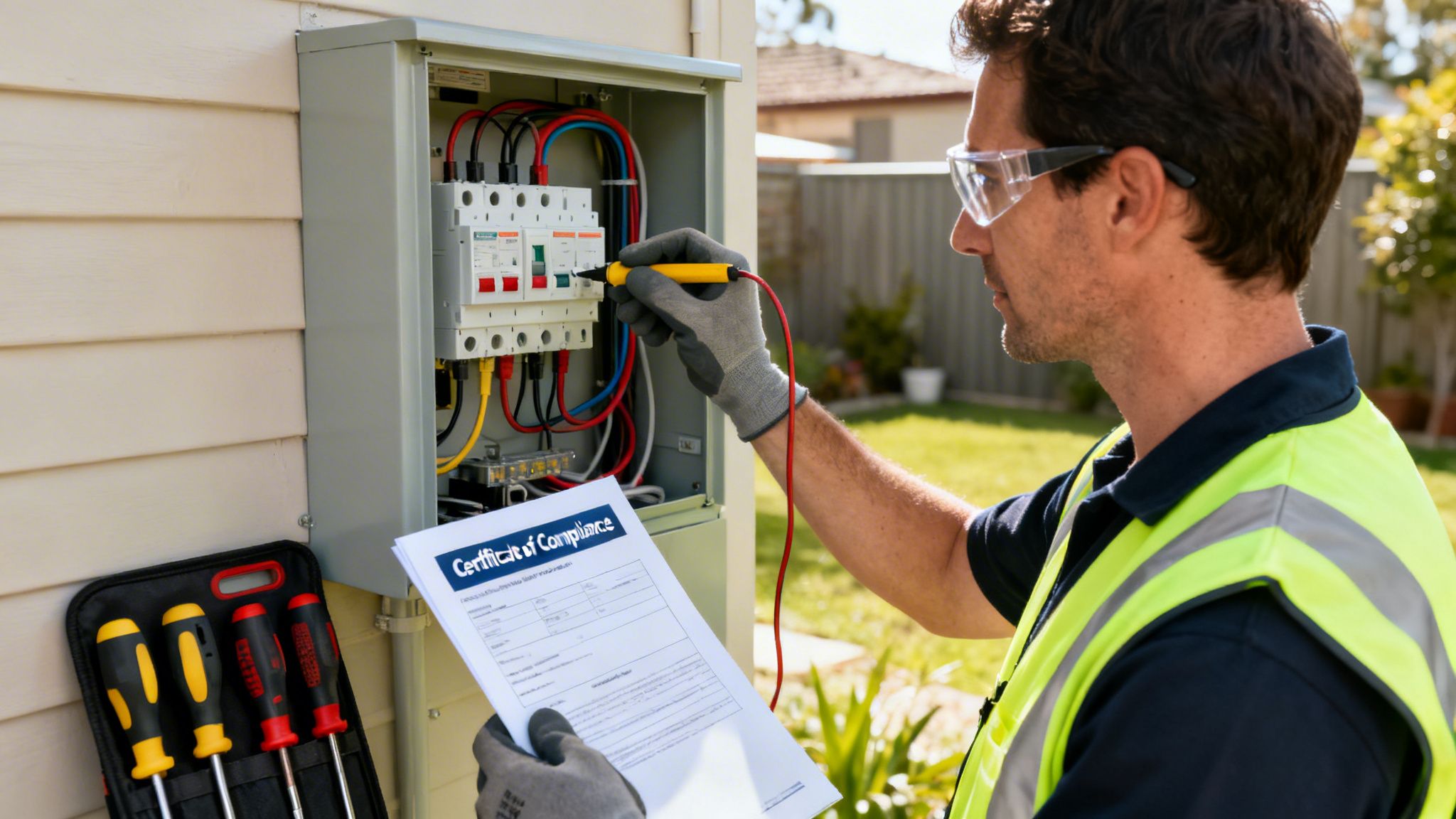 An Electrician Performs An Outdoor Electrical Inspection, Checking A Circuit Breaker Box With A Multimeter While Holding A Compliance Certificate.