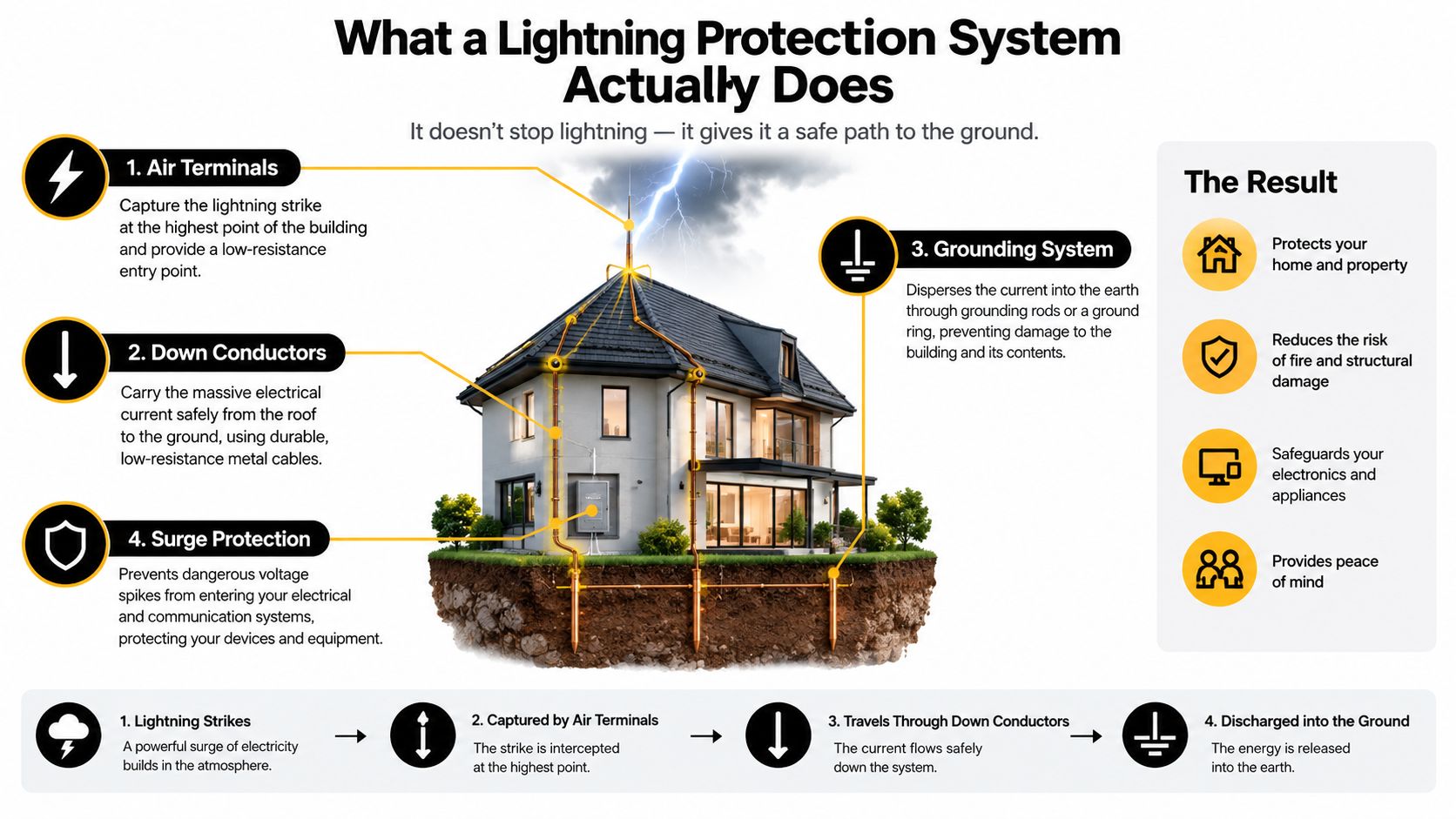 A Diagram Illustrating How A Residential Lightning Protection System Safely Conducts Electricity Into The Ground.