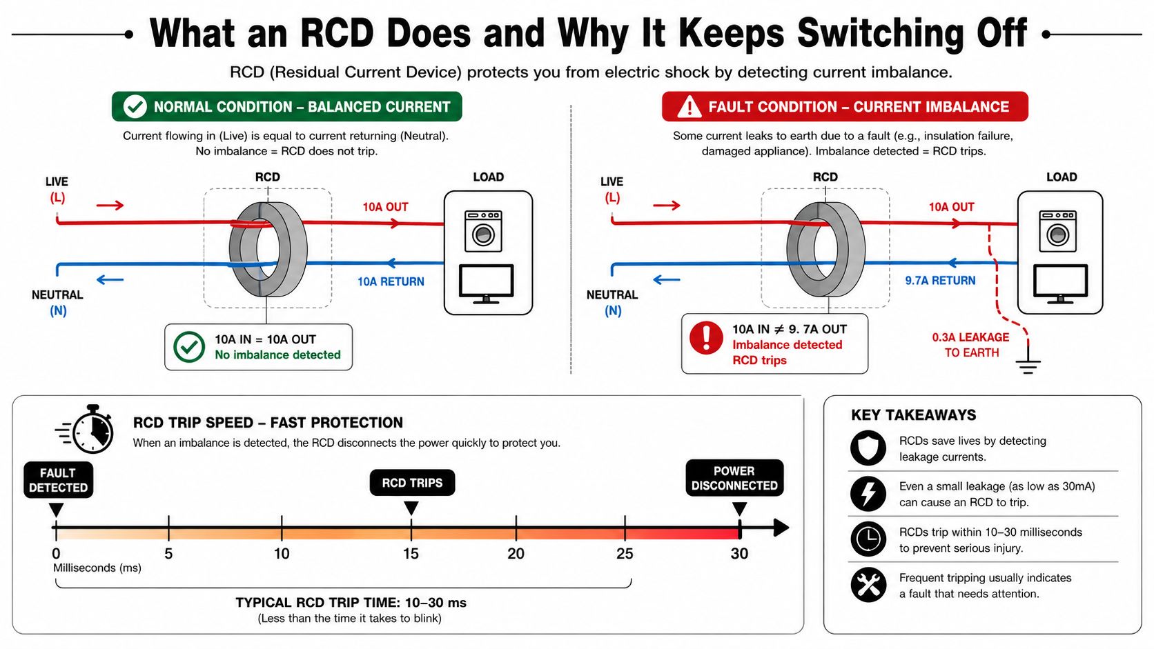 An Infographic Explaining How An Rcd Functions By Detecting Current Imbalance To Prevent Electric Shock Accidents.