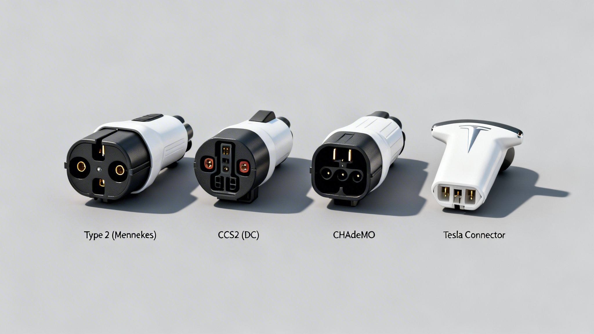 Four Common Electric Vehicle Charging Plugs: Type 2, Ccs2, Chademo, And Tesla Connector Types.
