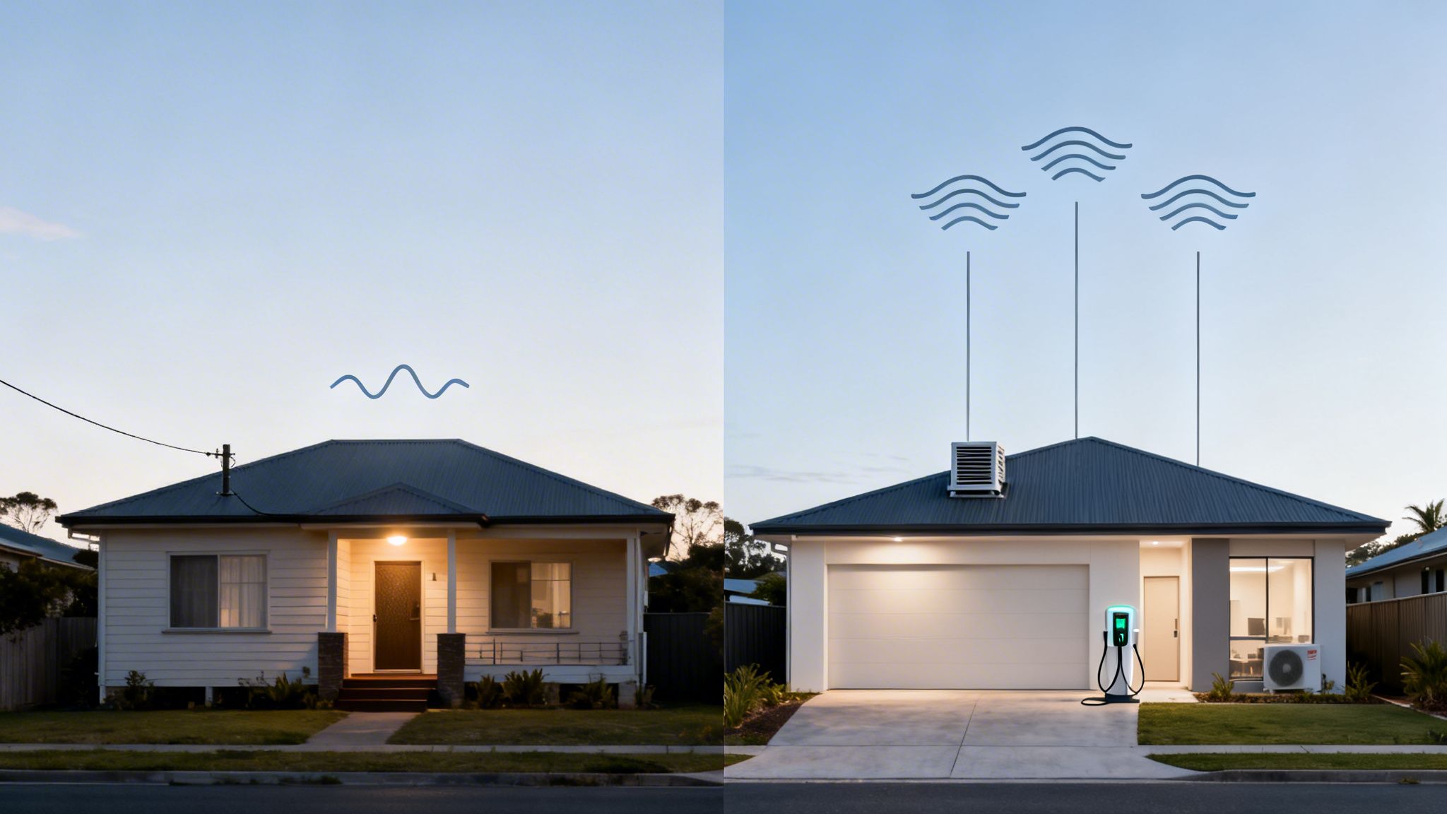 A Visual Comparison Contrasting A Traditional House With Single-Phase Power Lines And A Modern Smart Home With Three-Phase Energy.