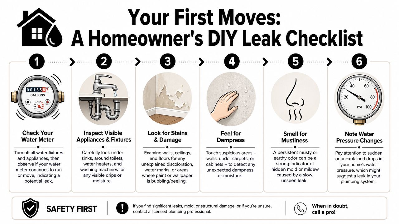 A Six-Step Checklist Infographic For Homeowners To Identify And Detect Potential Plumbing Leaks In Their House.