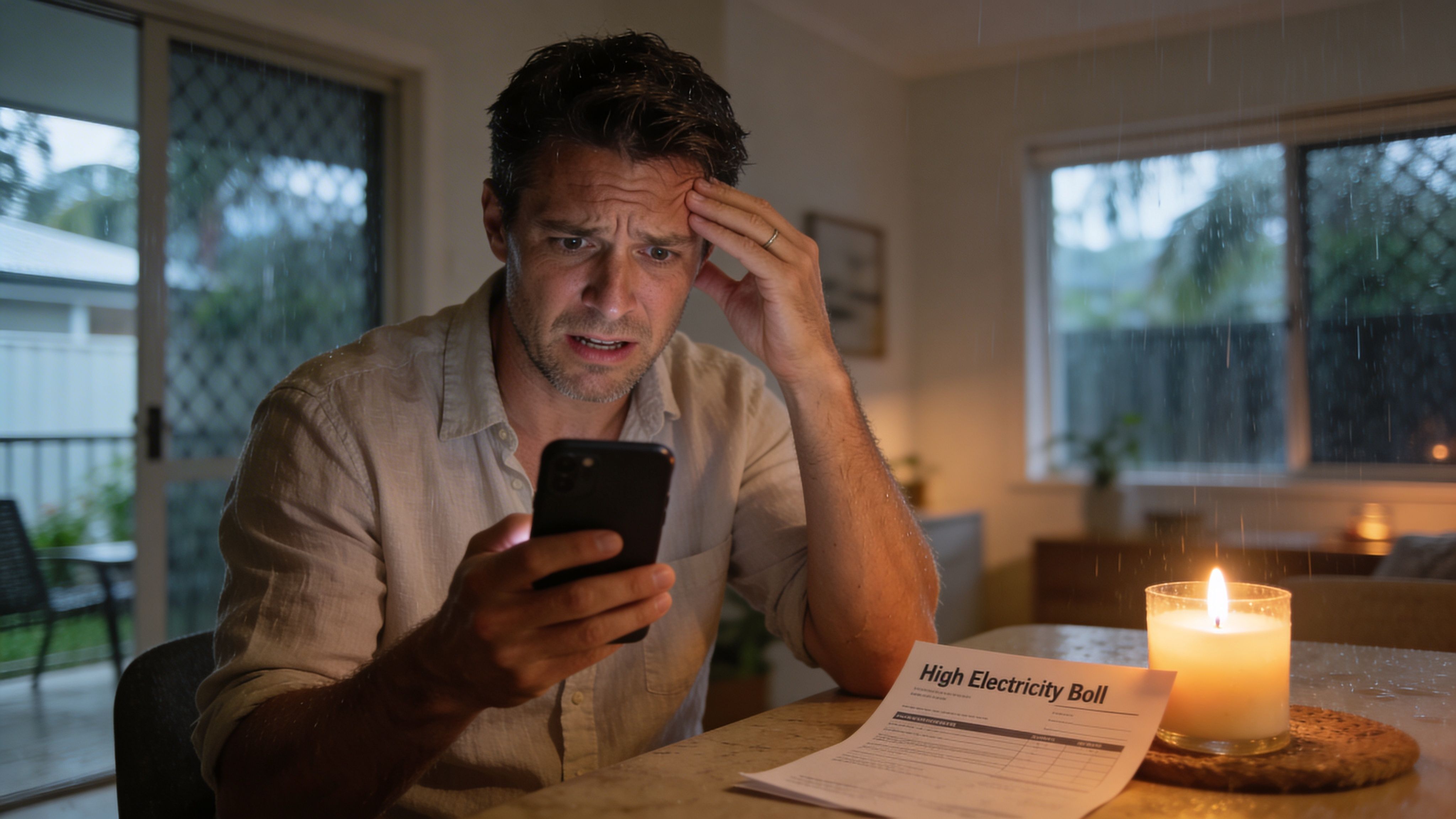 A Stressed Man Looking At His Smartphone While Sitting At A Table With A High Electricity Bill.
