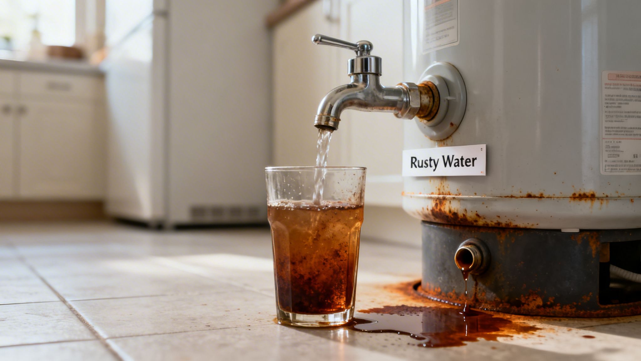 How Long Do Hot Water Systems Last? A Quick Guide To Electric, Gas, And Solar 4 Rusty Hot Water Heater Leaking And Dispensing Dirty, Iron-Filled Water Into A Glass On A Tiled Floor.