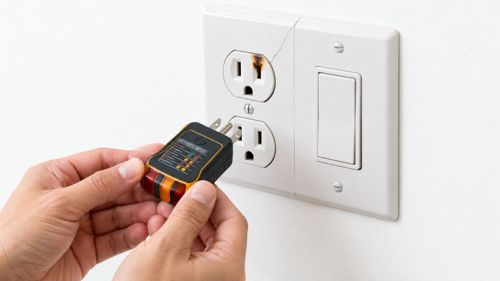 A Person Uses An Electrical Outlet Tester To Check A Damaged And Potentially Hazardous Home Power Socket.