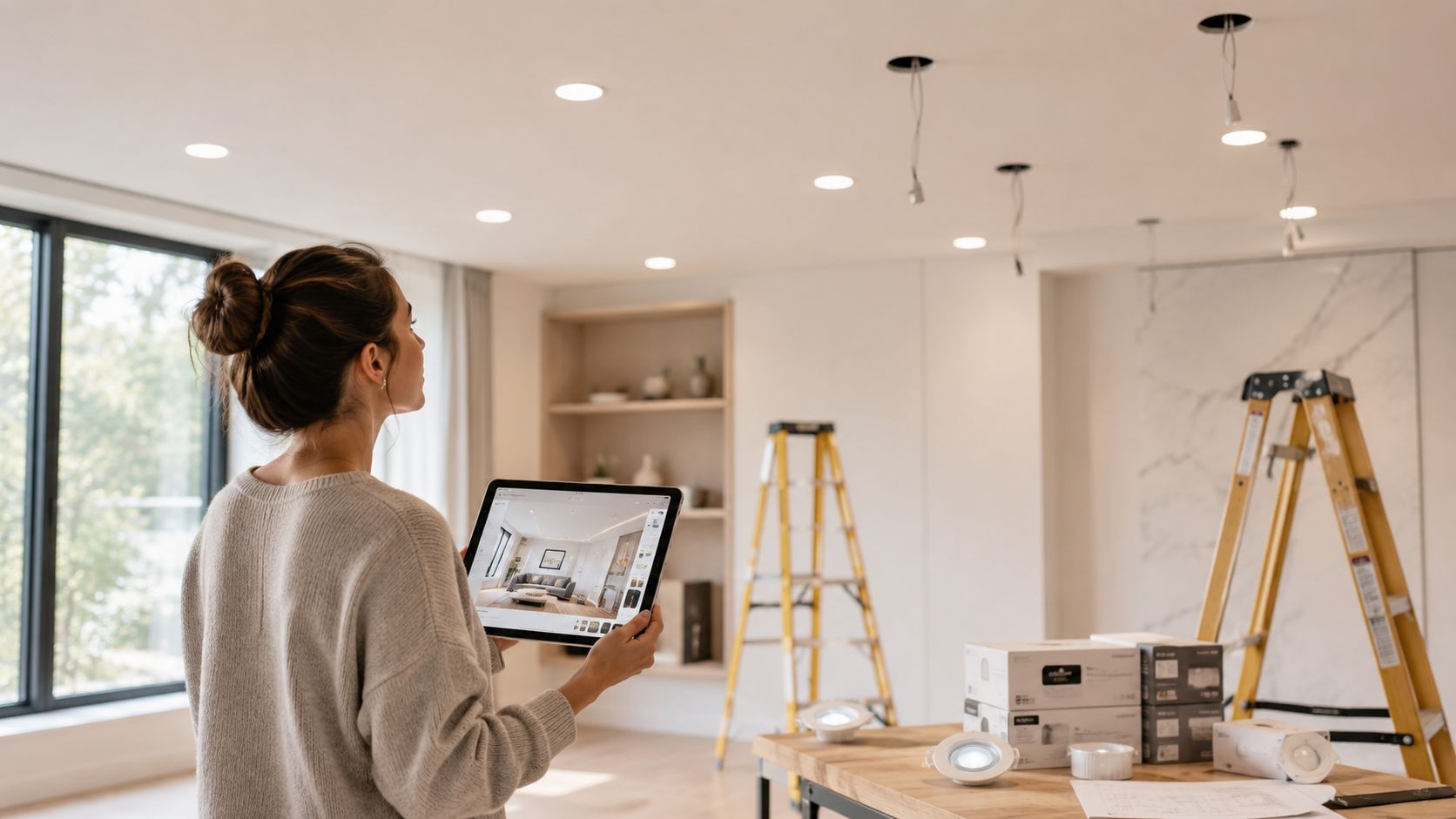 A Woman Holding A Tablet Showing Interior Design Plans While Standing In A Room Under Renovation.