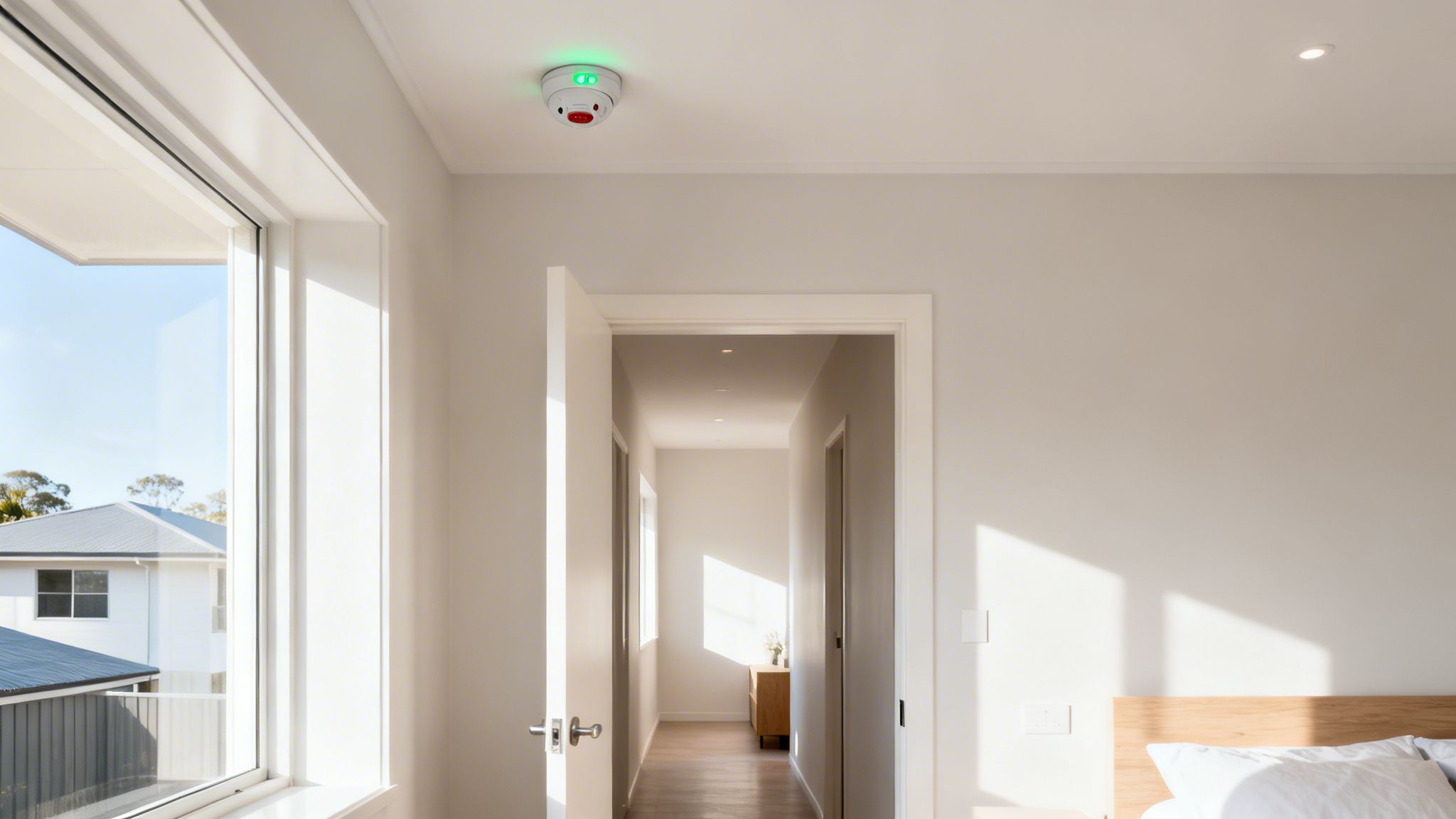 A Modern Smoke Alarm With Green And Red Lights Installed On A White Ceiling In A Bright Bedroom.
