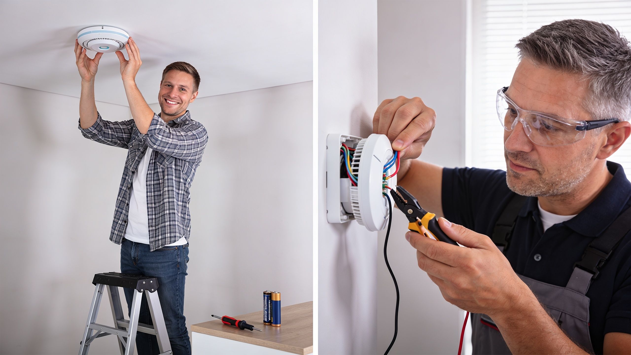 A Split Image Showing A Man Installing A Smoke Detector On A Ceiling And An Electrician Wiring One.