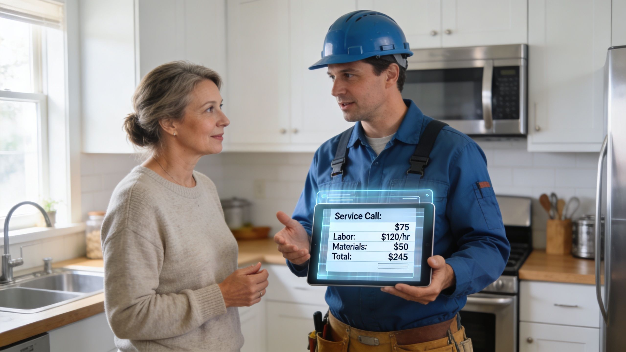 A Professional Electrician In A Blue Uniform Discusses Repair Costs With A Woman In A Kitchen.
