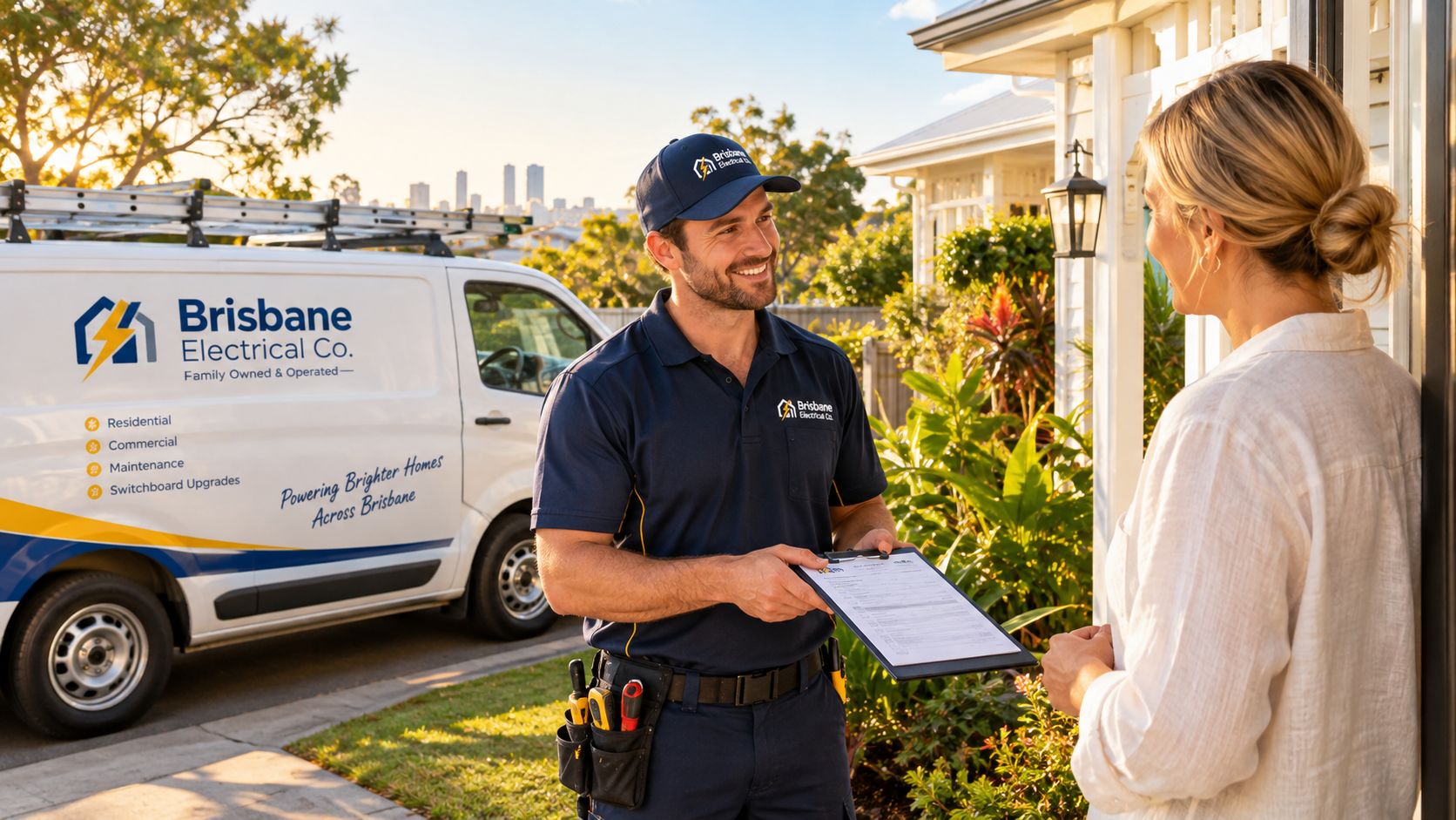 A Friendly Male Electrician Smiling While Presenting A Document To A Female Client At Her Home.