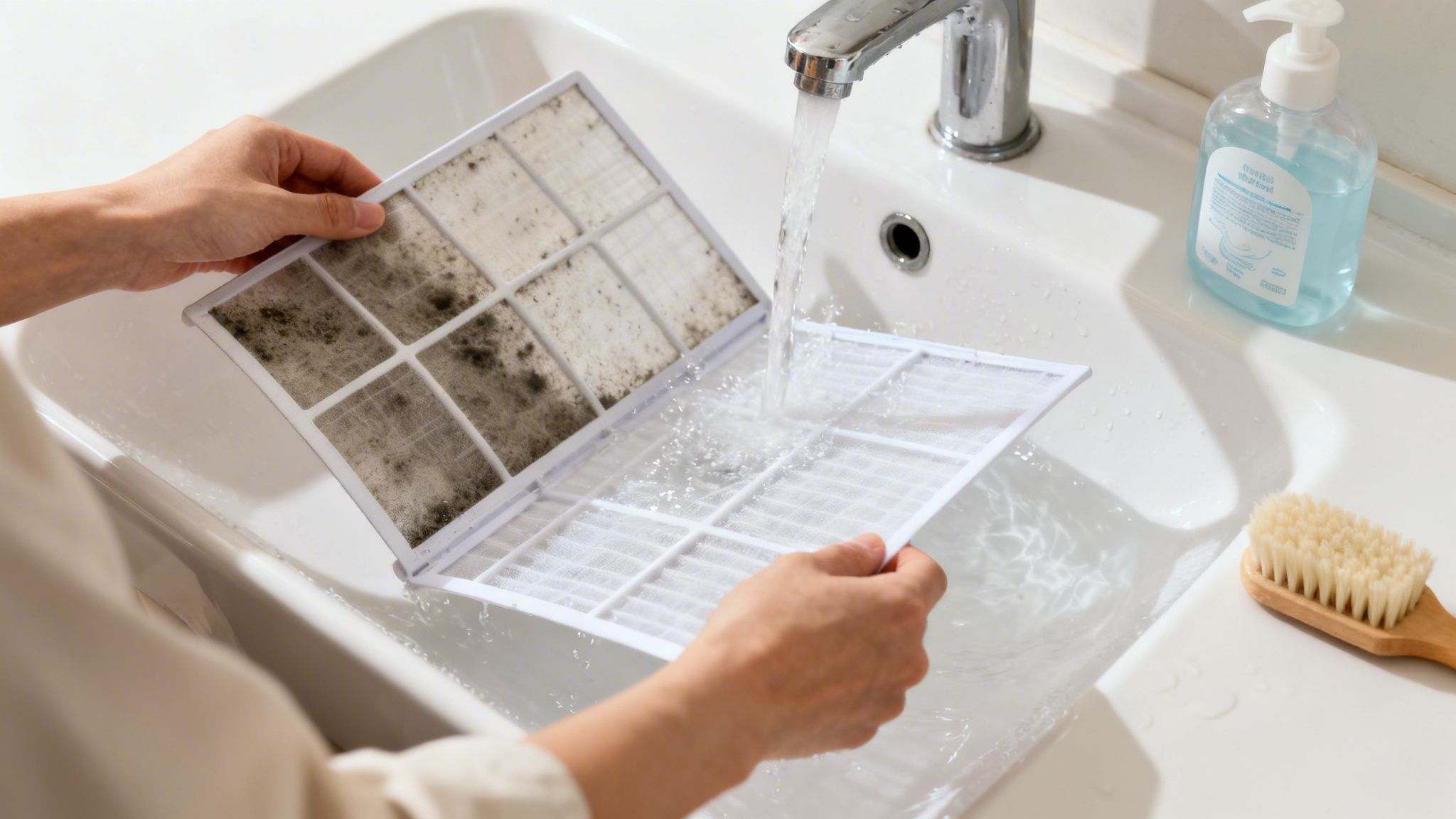 Hands Cleaning A Heavily Soiled Air Conditioner Filter Under Running Water In A White Sink.