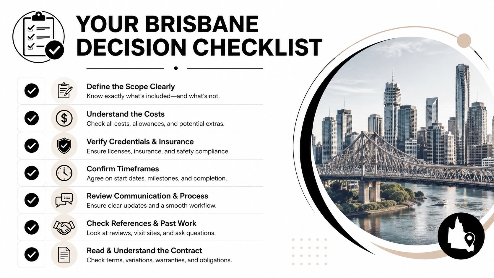 A Checklist Titled Your Brisbane Decision Checklist Showing Seven Essential Steps For Planning Projects In Brisbane.