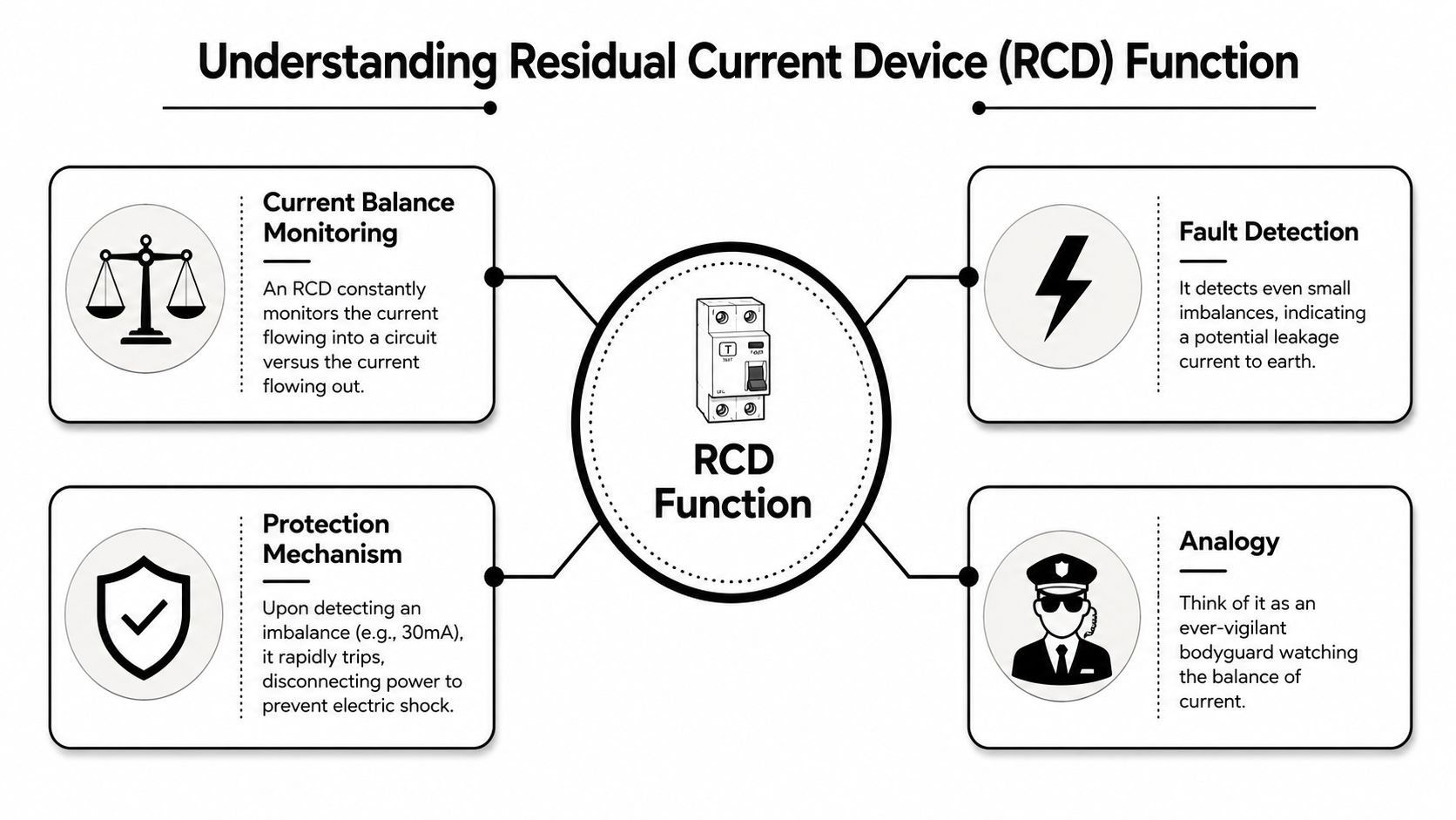 A Diagram Explaining The Functions Of A Residual Current Device, Including Balance Monitoring, Fault Detection, And Protection.