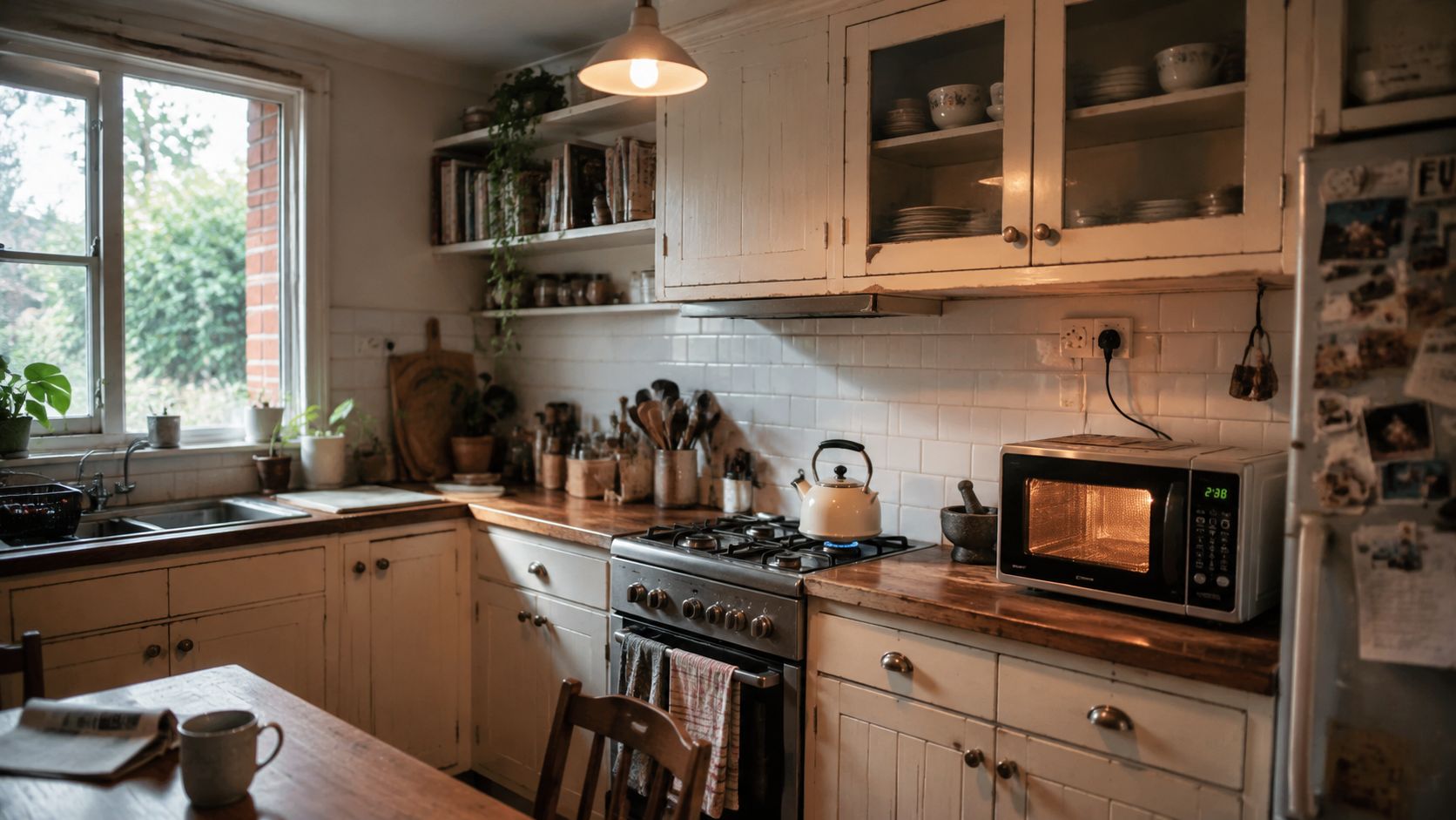 A Cozy, Well-Lit Vintage Kitchen With Wooden Countertops, White Subway Tiles, And A Microwave On The Counter.