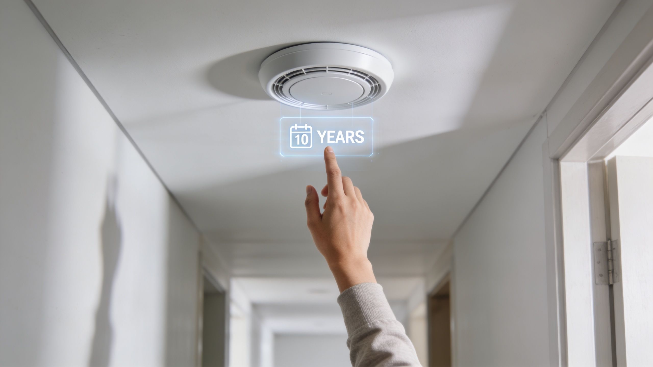 A Person Pointing At A Smoke Detector On A Ceiling, Indicating A 10-Year Replacement Period.