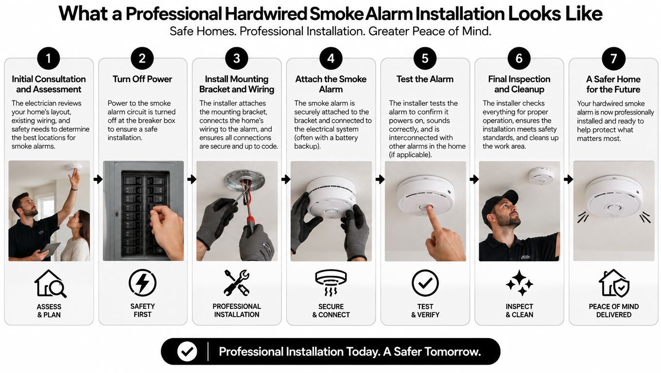 A Step-By-Step Infographic Showing The Professional Installation Process For Hardwired Smoke Alarms In A Home.