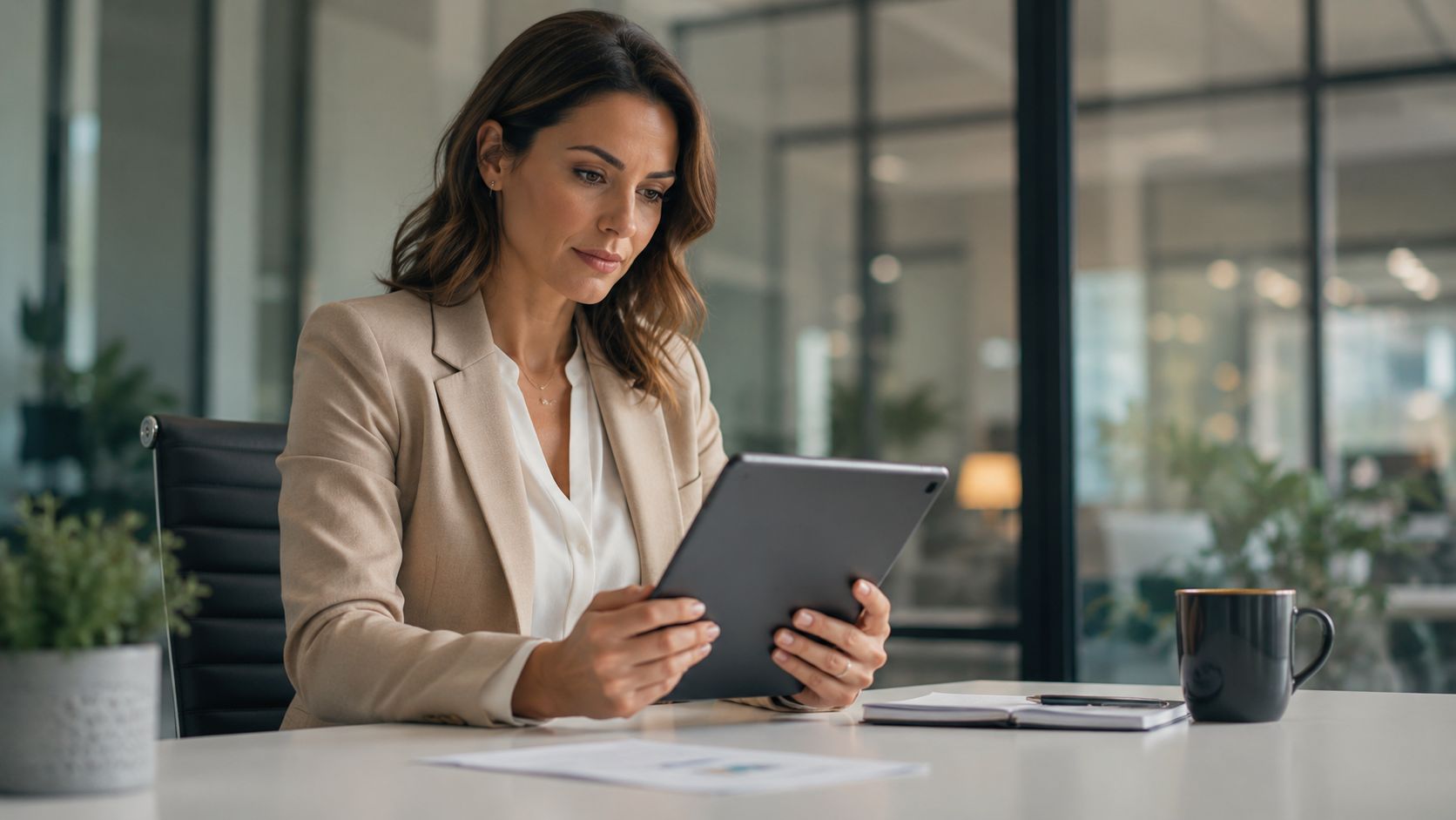 Your Guide To A Commercial Electrical Contractor In Brisbane 4 A Professional Woman In A Beige Blazer Sits At An Office Desk Using A Tablet.