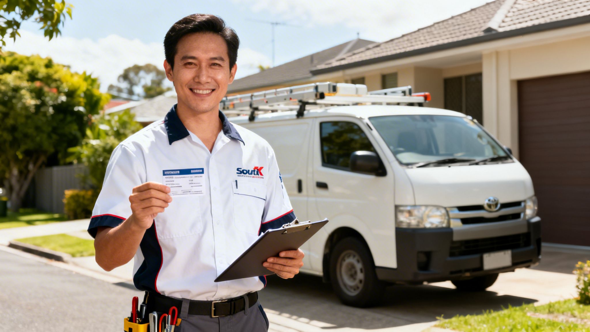 A Smiling Electrician In Uniform Holds An Id Card And Clipboard In Front Of A Service Van And House.
