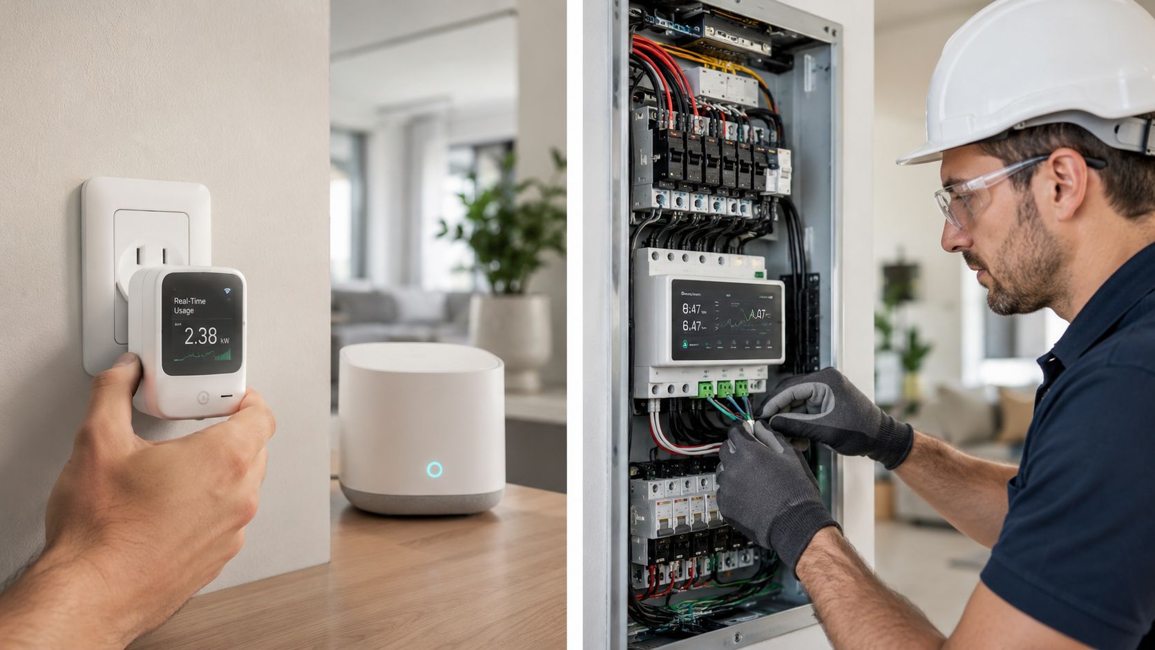 A Technician Installs Energy Monitoring Equipment In An Electrical Panel While Another Device Monitors Home Power Usage.