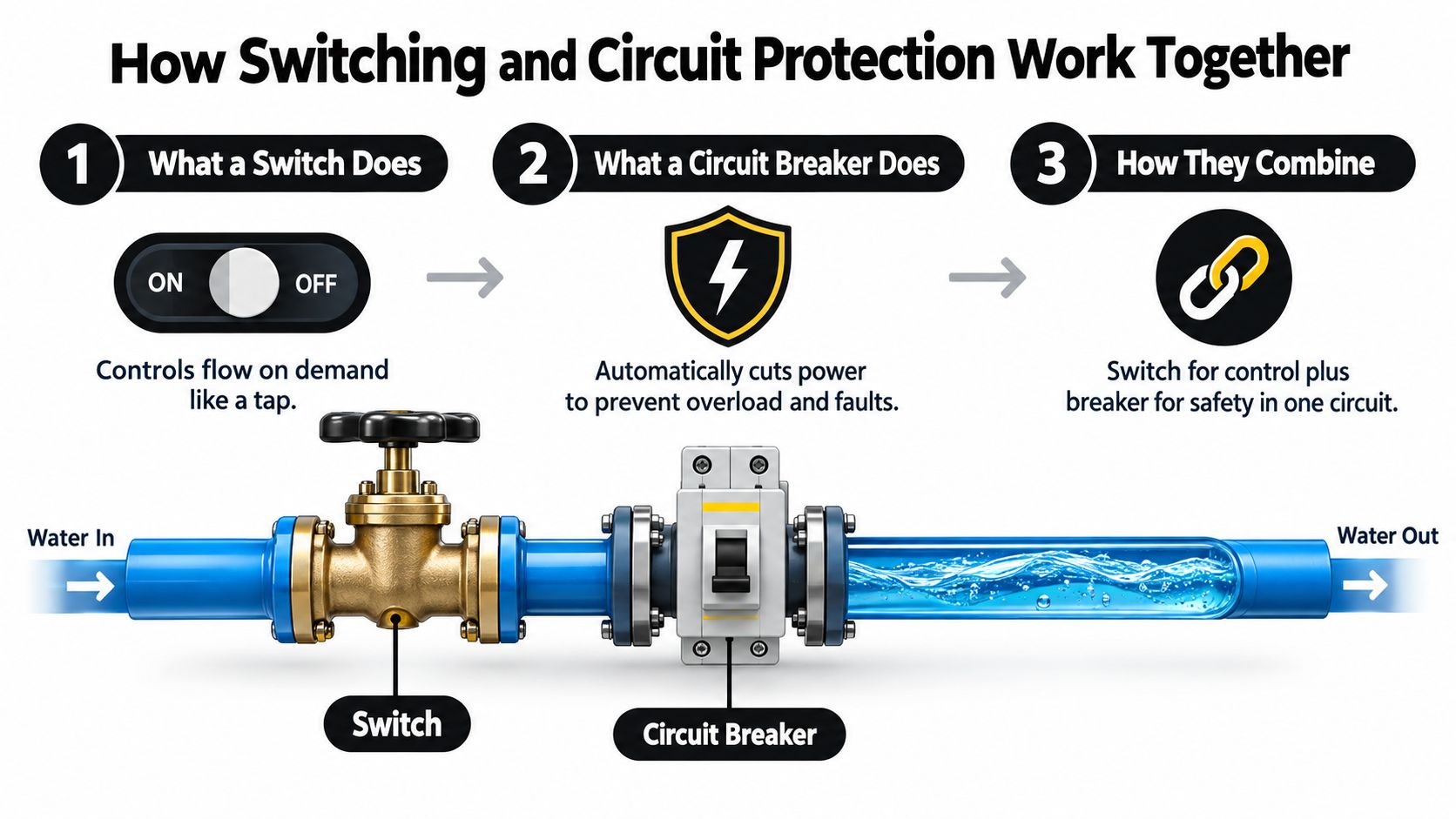 Switch With Circuit Breaker Explained For Brisbane Homes 1 A Diagram Illustrating How A Switch And Circuit Breaker Function Together Using A Water Pipe Analogy.