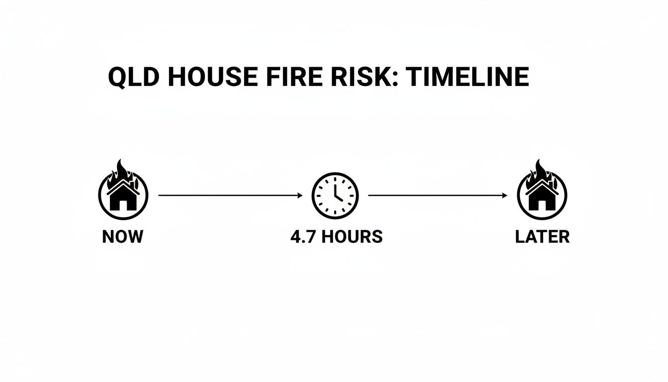A Timeline Illustrating Qld House Fire Risk, Showing 4.7 Hours Between 'Now' And 'Later'.
