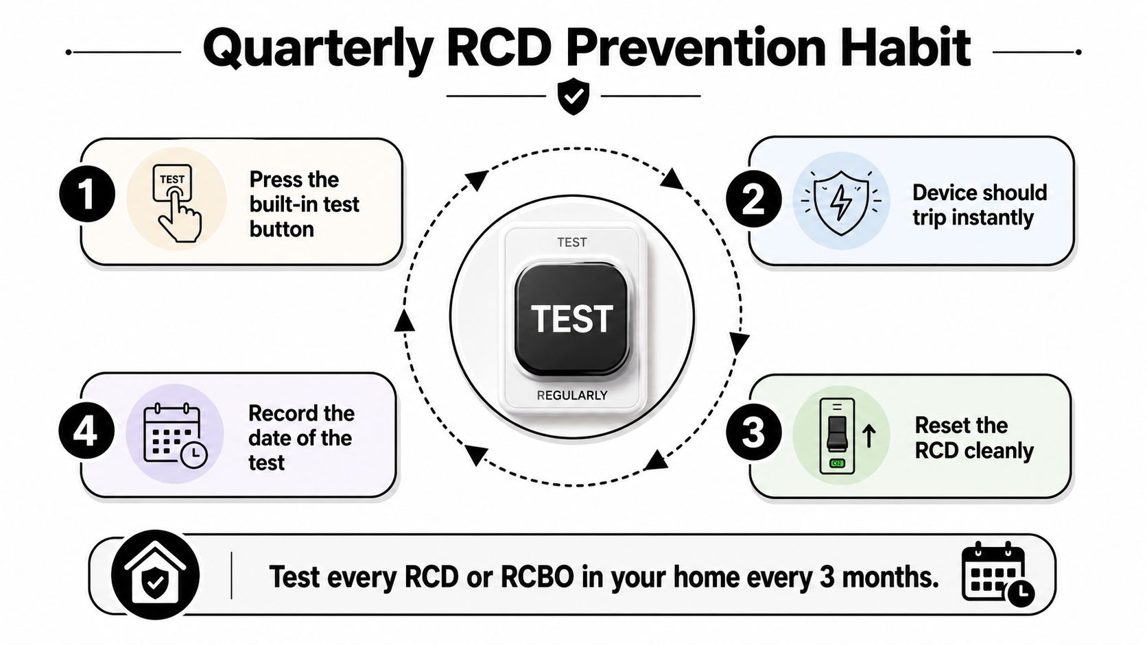 An Instructional Infographic Demonstrating The Four Steps To Quarterly Testing Of A Home Electrical Rcd Safety Device.