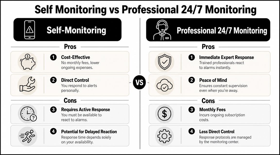 A Comparison Chart Outlining The Pros And Cons Of Self-Monitoring Versus Professional 24/7 Smart Home Security Systems.