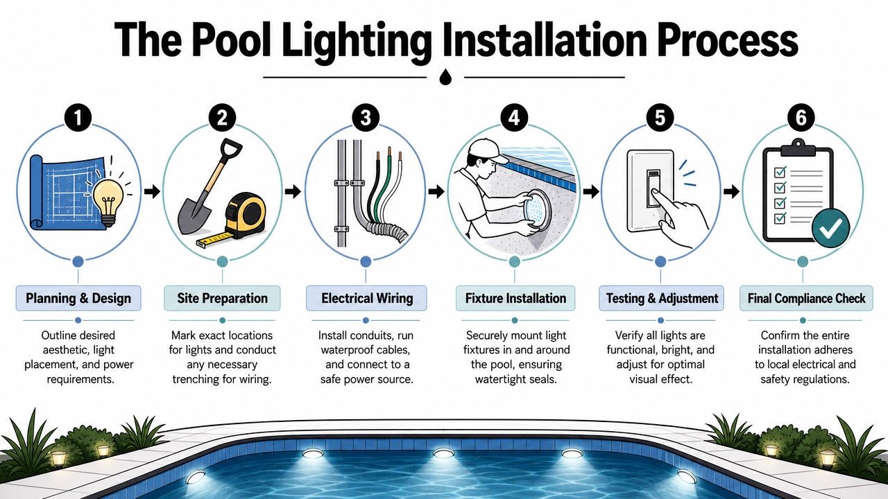 An Infographic Showing The Six Step Process For Professional Swimming Pool Lighting Installation From Planning To Inspection.