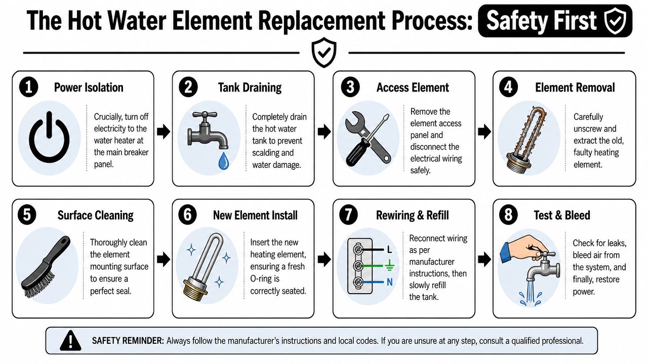 An Eight-Step Infographic Illustrating The Safe Process For Replacing A Hot Water Heater Heating Element.
